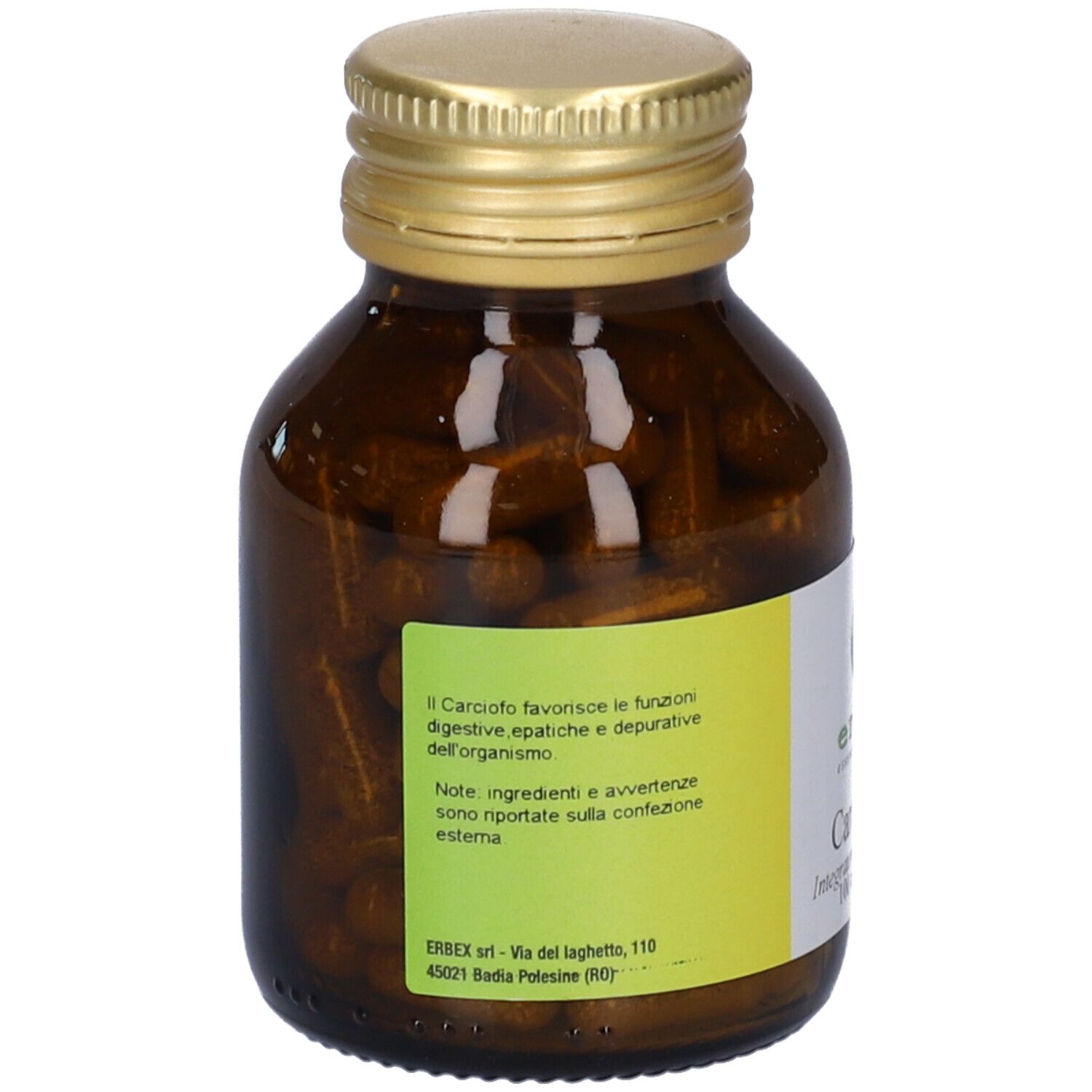 Flacone di vetro marrone con tappo dorato. Etichetta con testo sugli ingredienti e avvertenze.