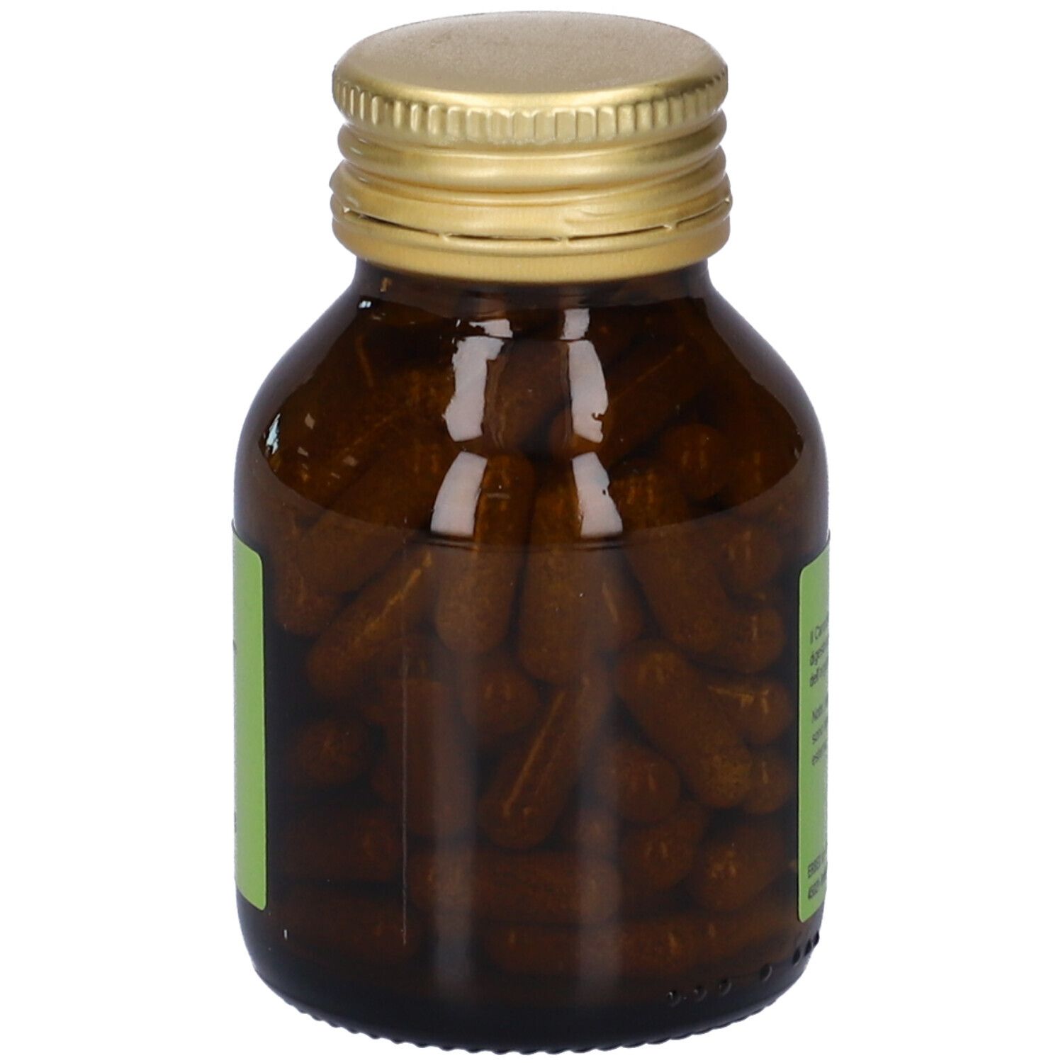 Flacone di vetro marrone con tappo dorato, pieno di capsule marroni. Etichetta parzialmente visibile.