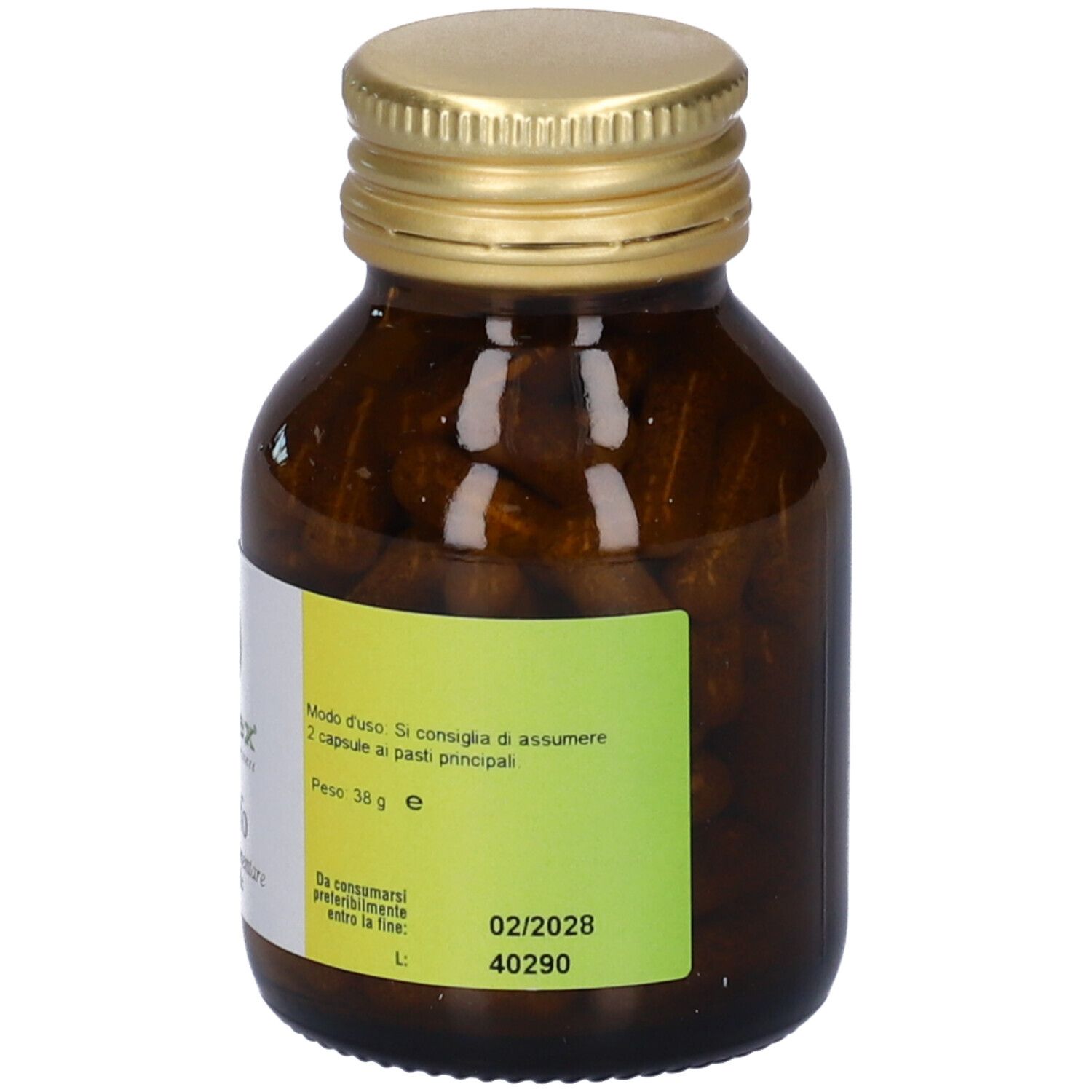 Flacone di vetro marrone con tappo dorato. Etichetta con data di scadenza 02/2028 e numero di lotto.