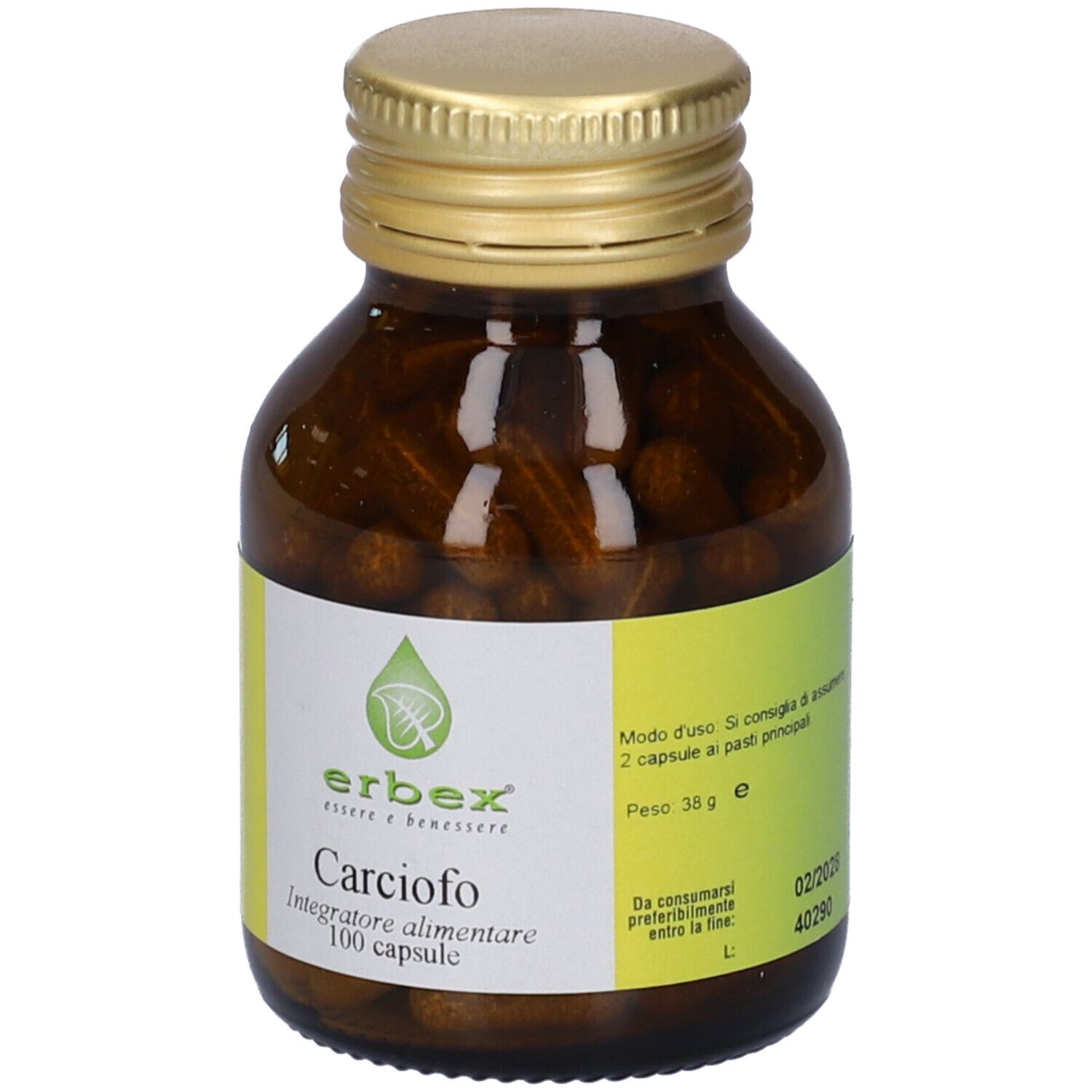 Flacone di vetro marrone con tappo dorato. Etichetta con logo Erbex e "Carciofo 100 capsule".