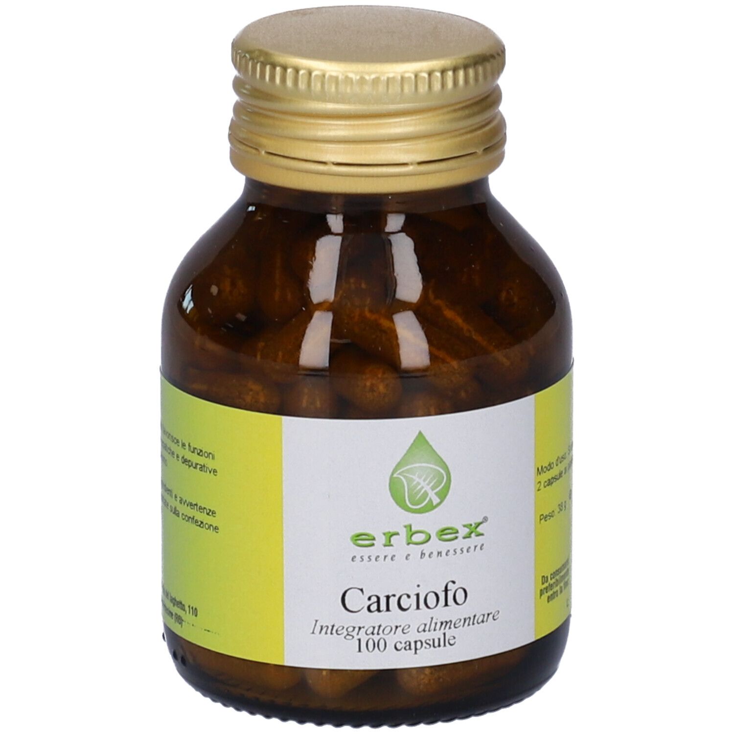 Flacone di vetro marrone con tappo dorato. Etichetta con logo Erbex e "Carciofo 100 capsule".