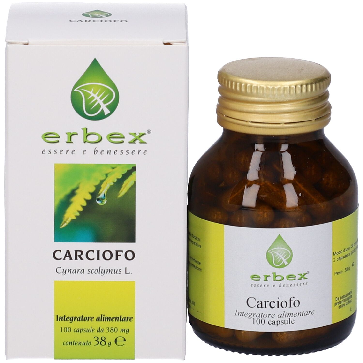 Confezione del prodotto con flacone e scatola. Flacone: vetro marrone, tappo dorato. Scatola: bianca con logo.