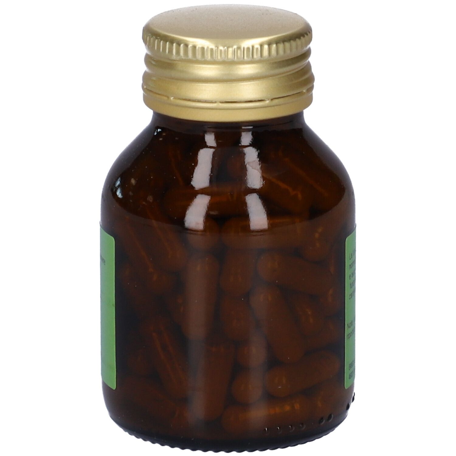 Flacone di vetro marrone con tappo dorato. Capsule visibili all'interno. Etichetta con informazioni.