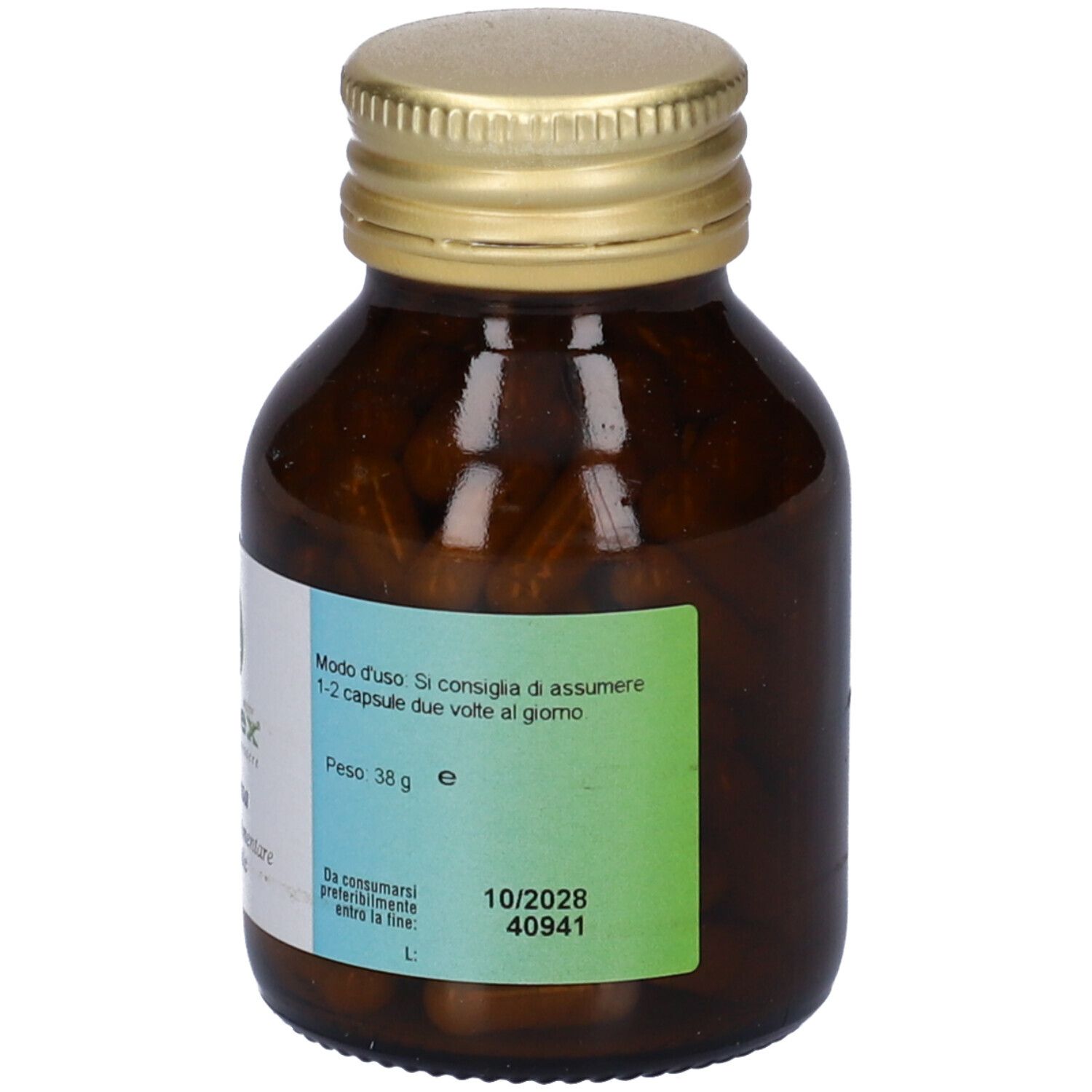 Flacone di vetro marrone con tappo dorato. Etichetta con dosaggio e data di scadenza. Capsule visibili.