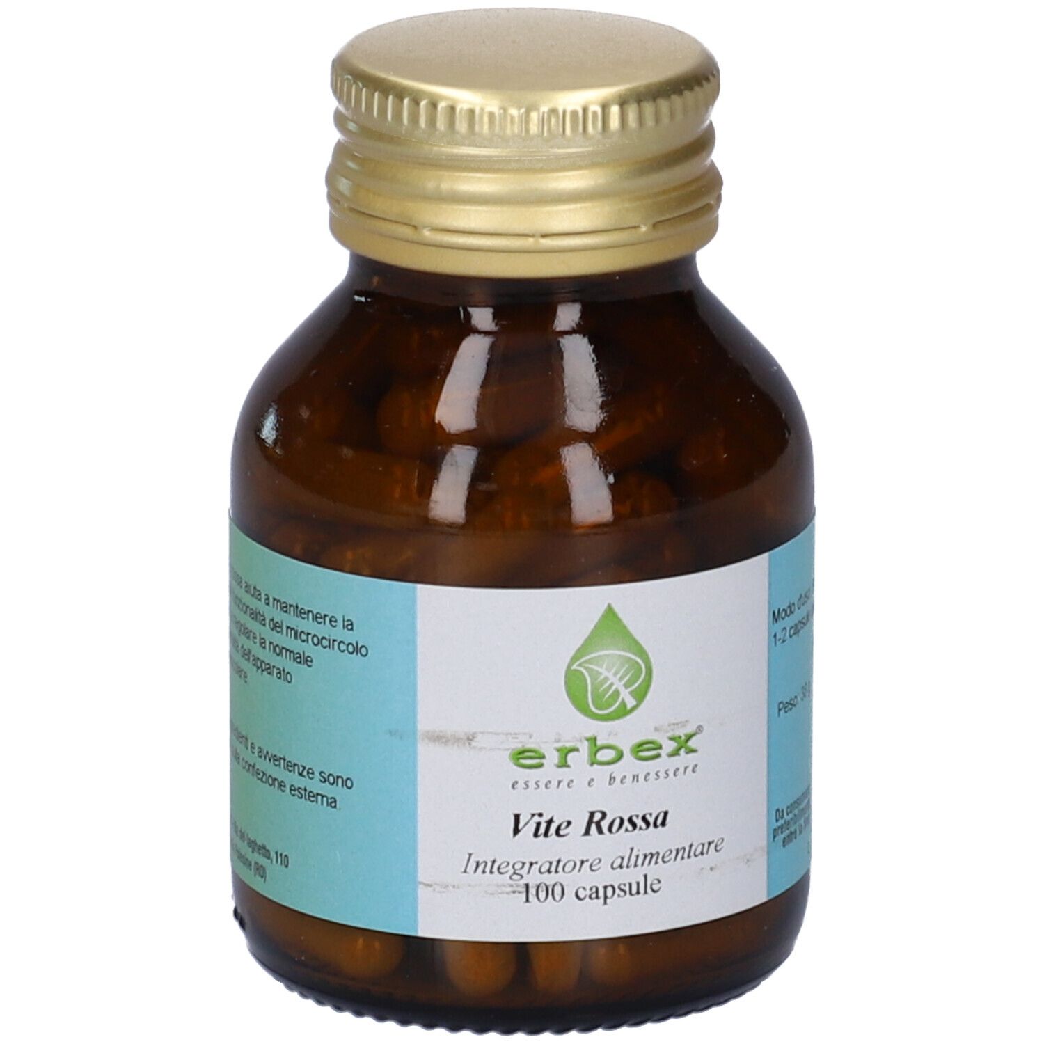 Flacone di vetro marrone con tappo dorato. Etichetta con informazioni sul prodotto e logo. Capsule visibili.