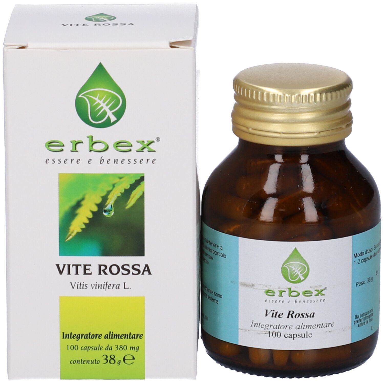 Flacone e scatola del prodotto. Scatola con nome e logo del prodotto. Flacone con capsule.