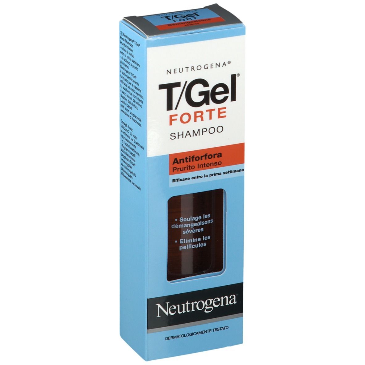 Confezione shampoo Neutrogena T/Gel Forte. Scatola blu con nome e informazioni. Prodotto visibile attraverso una finestra.