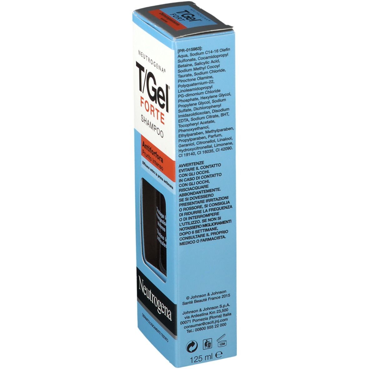 Retro della confezione dello shampoo Neutrogena T/Gel Forte. Contiene ingredienti, avvertenze e informazioni del produttore.