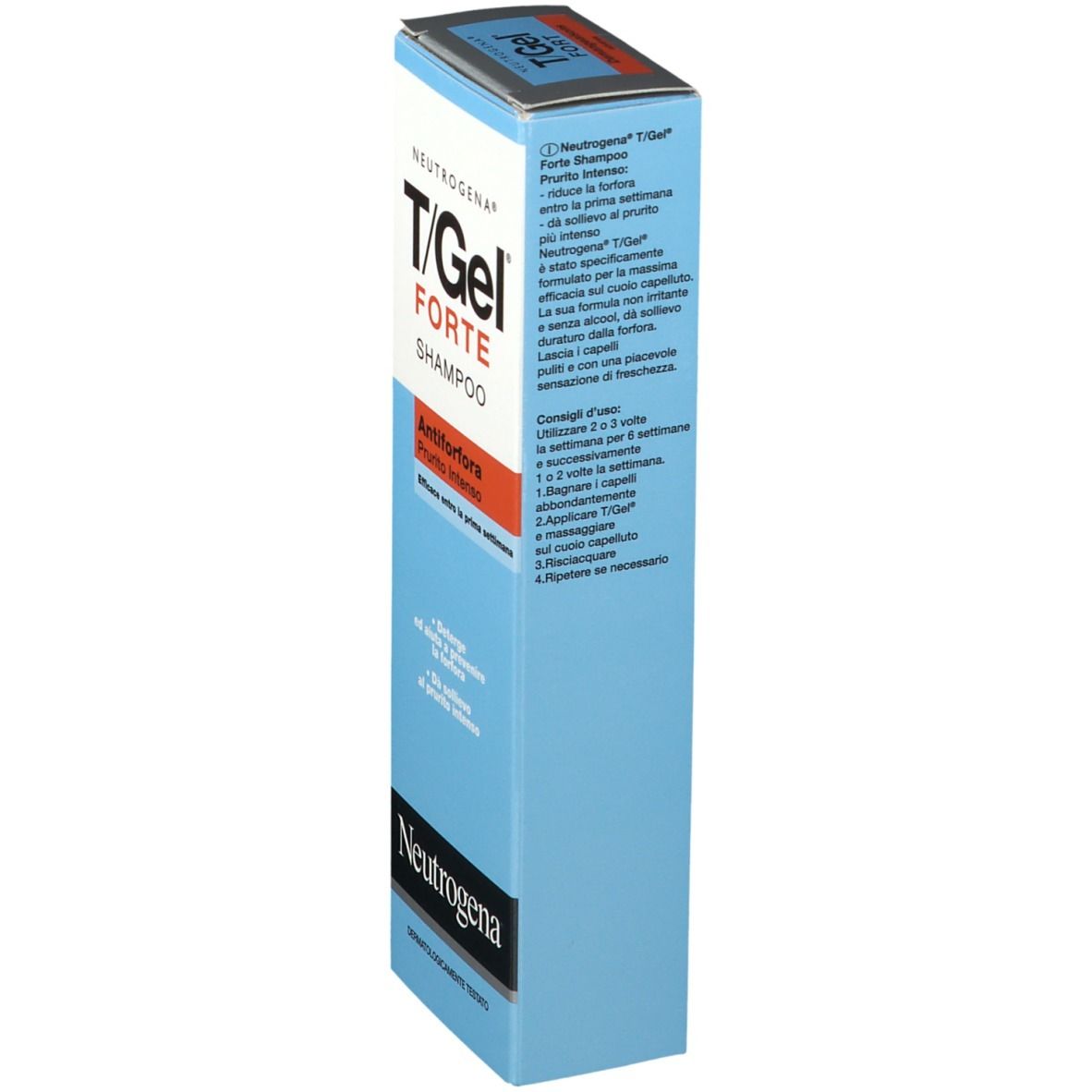 Confezione shampoo Neutrogena T/Gel Forte. Scatola blu con nome e informazioni. Vista del prodotto.