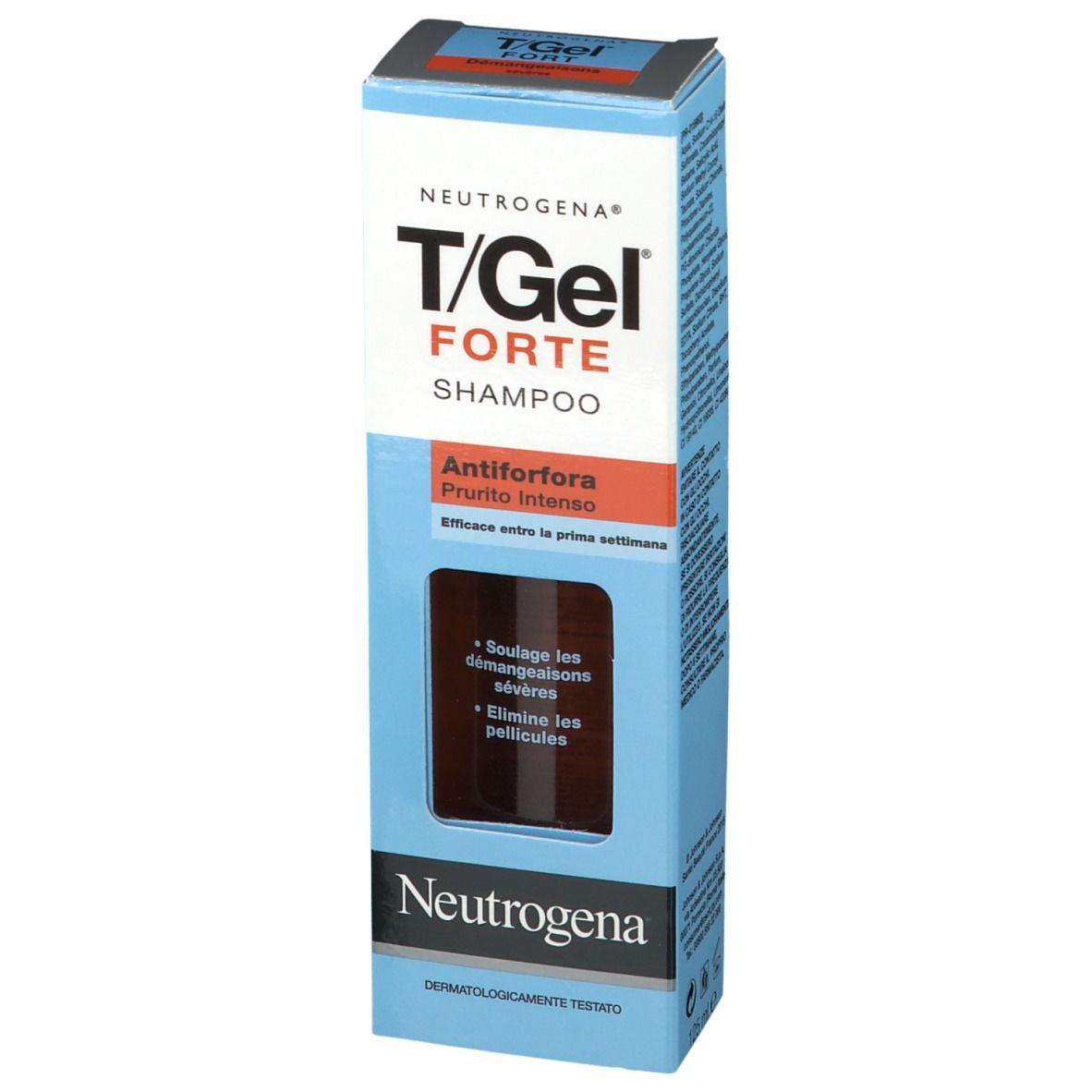 Confezione shampoo Neutrogena T/Gel Forte. Scatola blu con nome e informazioni. Prodotto visibile attraverso una finestra.