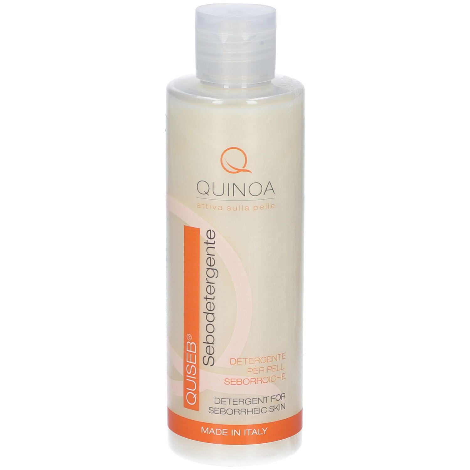 Flacone Quiseb Sebodetergente Fluido. Etichetta bianca con dettagli arancioni. Nome, logo e 'Made in Italy' visibili.