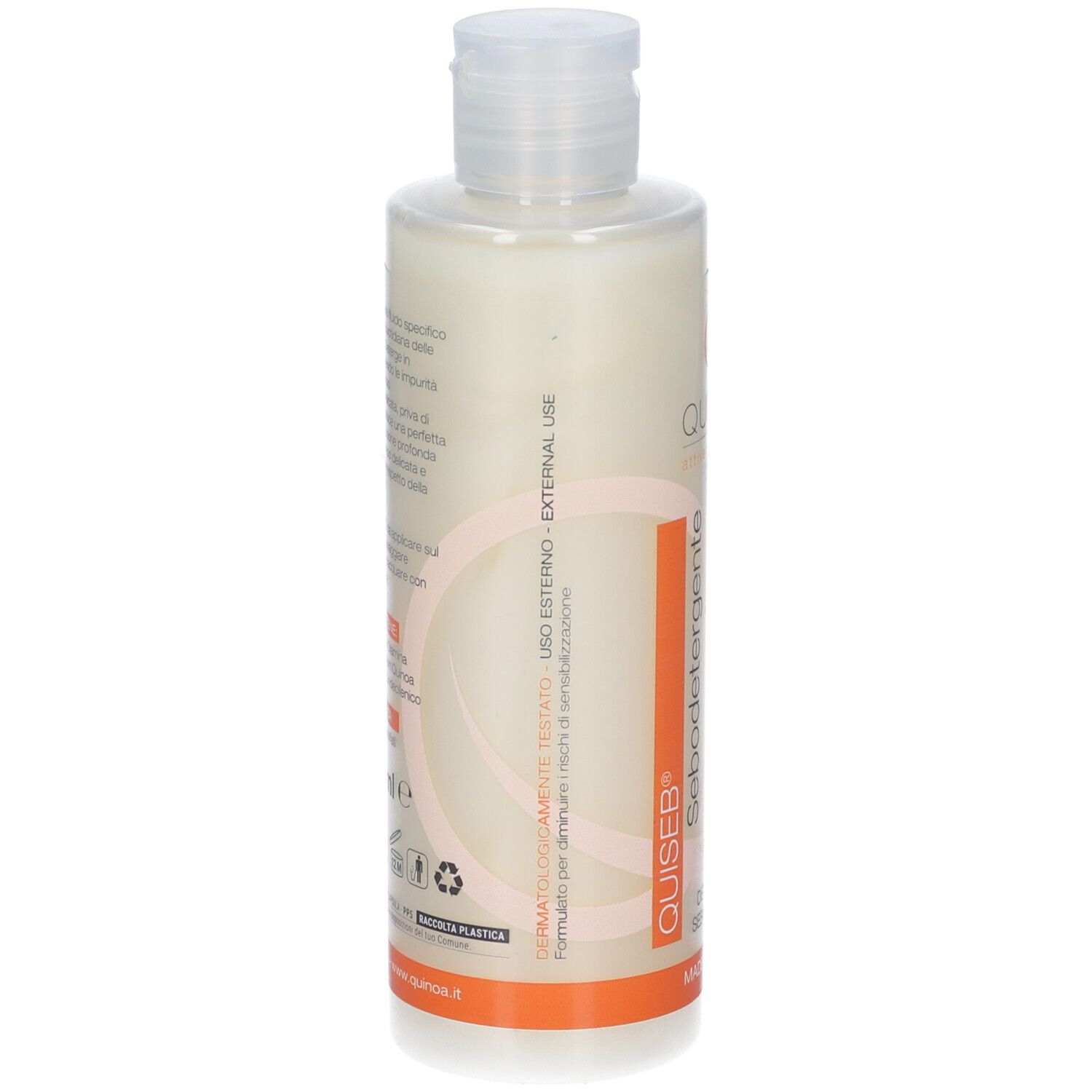 Flacone Quiseb Sebodetergente Fluido. Etichetta bianca con dettagli arancioni. Nome, logo e testo sull'uso.