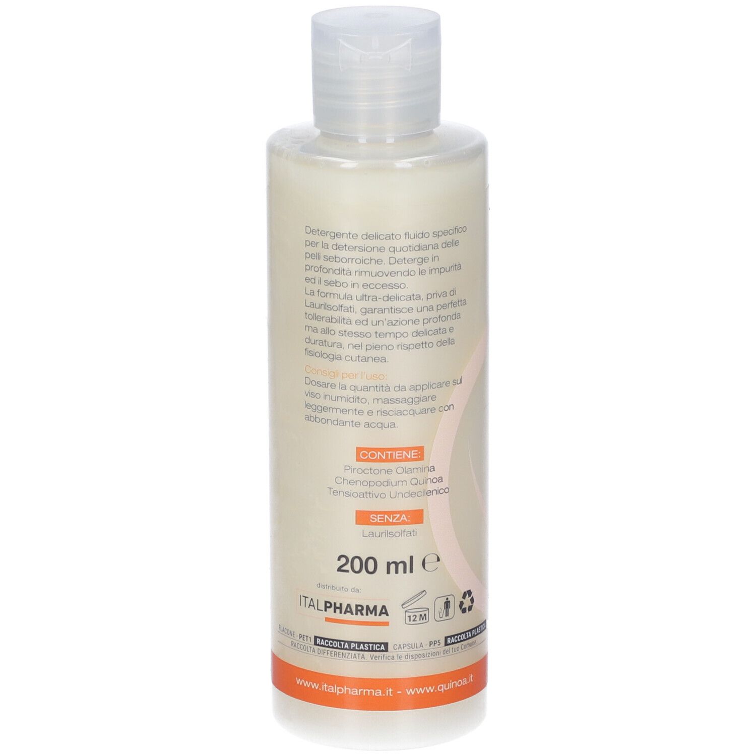 Flacone Quiseb Sebodetergente Fluido. Retro con testo. Contiene ingredienti e informazioni produttore. 200 ml.