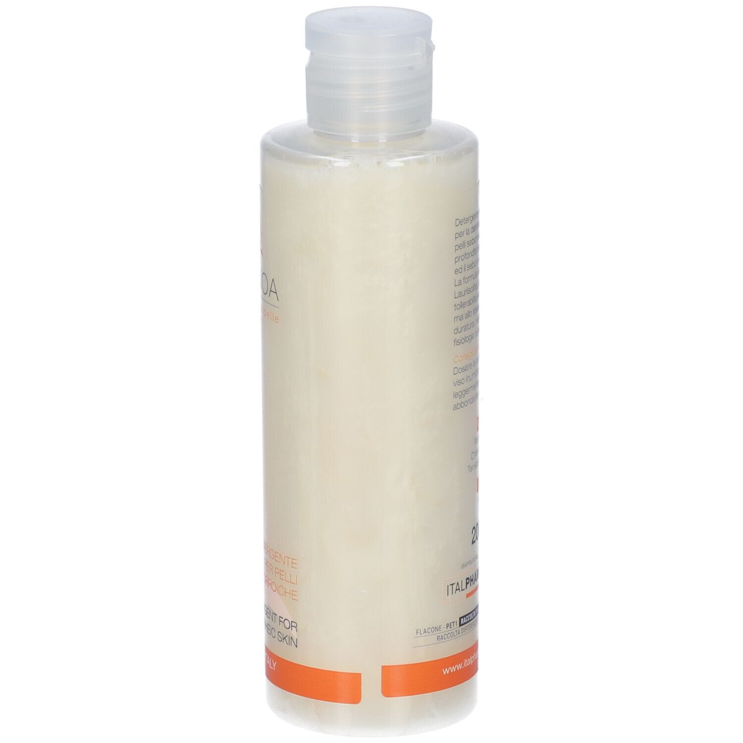 Flacone Quiseb Sebodetergente Fluido. Retro con testo. Informazioni produttore e logo. 'Made in Italy'.