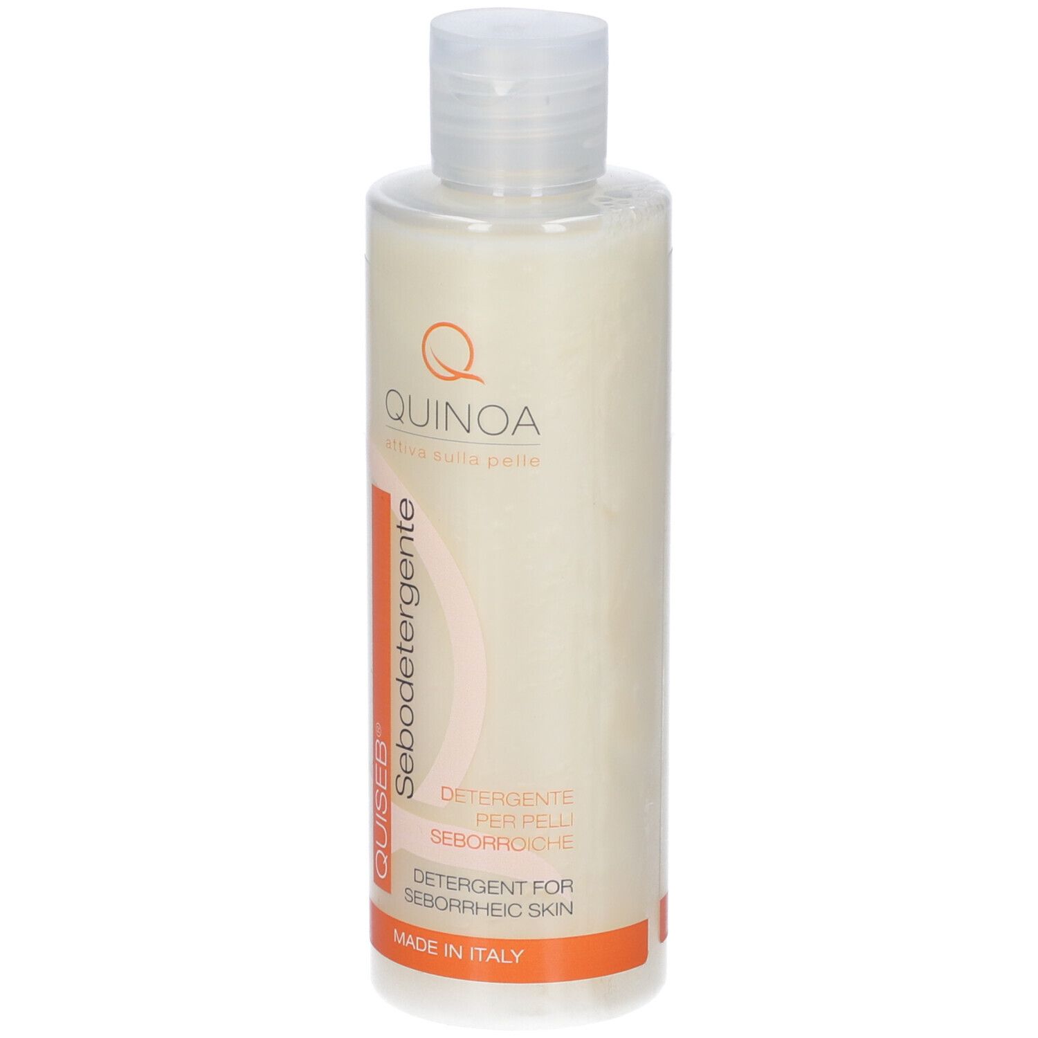 Flacone Quiseb Sebodetergente Fluido. Etichetta bianca con dettagli arancioni. Nome, logo e 'Made in Italy'.