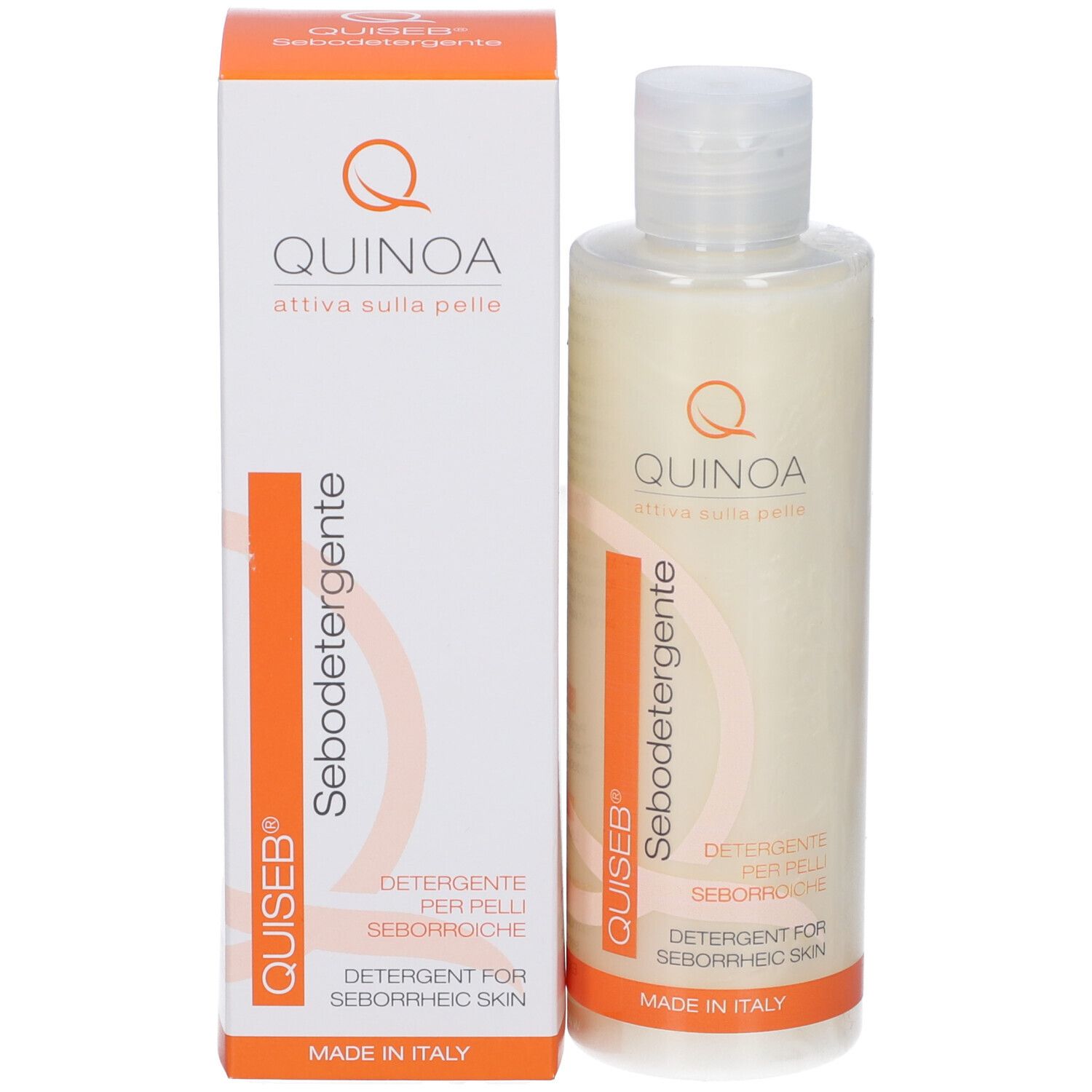 Flacone e confezione di Quiseb Sebodetergente Fluido. Etichetta bianca con dettagli arancioni. Nome del prodotto e logo visibili.