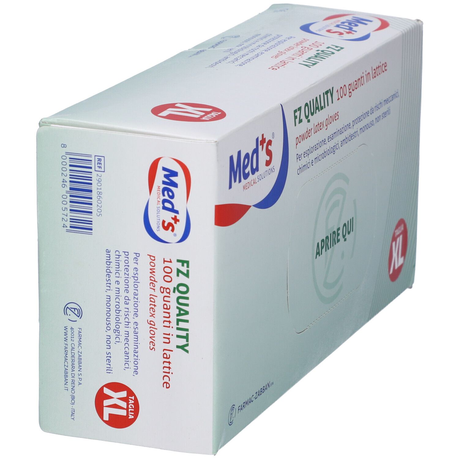 Scatola di guanti medici. Scritto: FZ QUALITY, 100 guanti in lattice, Taglia XL. Marchio: Med's. Vista laterale.