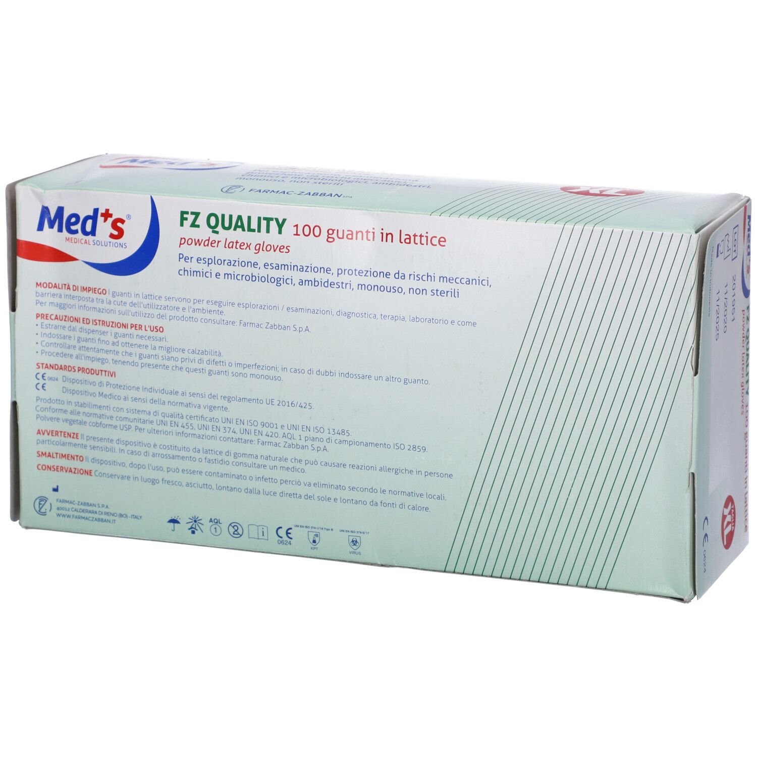 Retro della scatola di guanti medici. Testo in italiano. Marchio: Med's. Scritto: FZ QUALITY.