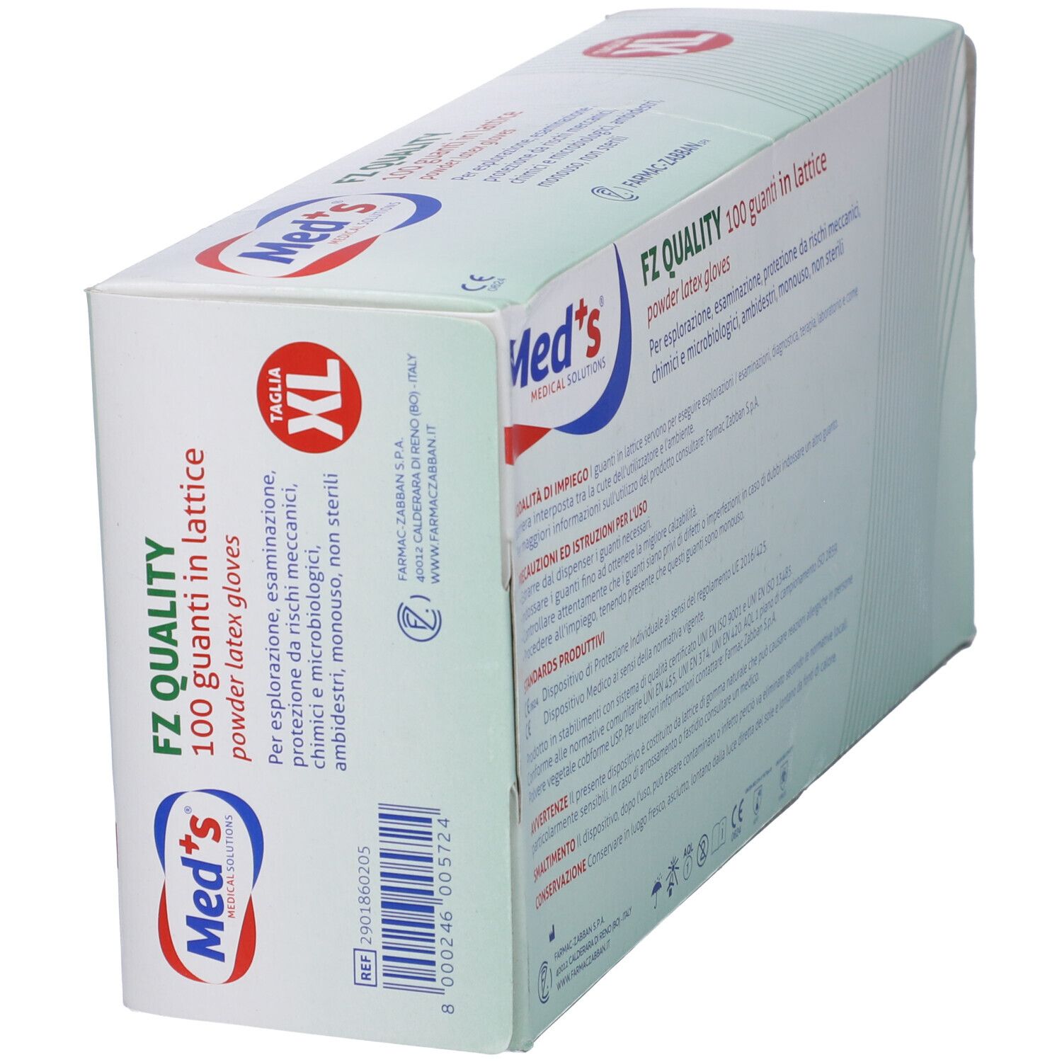 Scatola di guanti medici. Scritto: FZ QUALITY, 100 guanti in lattice, Taglia XL. Marchio: Med's. Vista laterale.