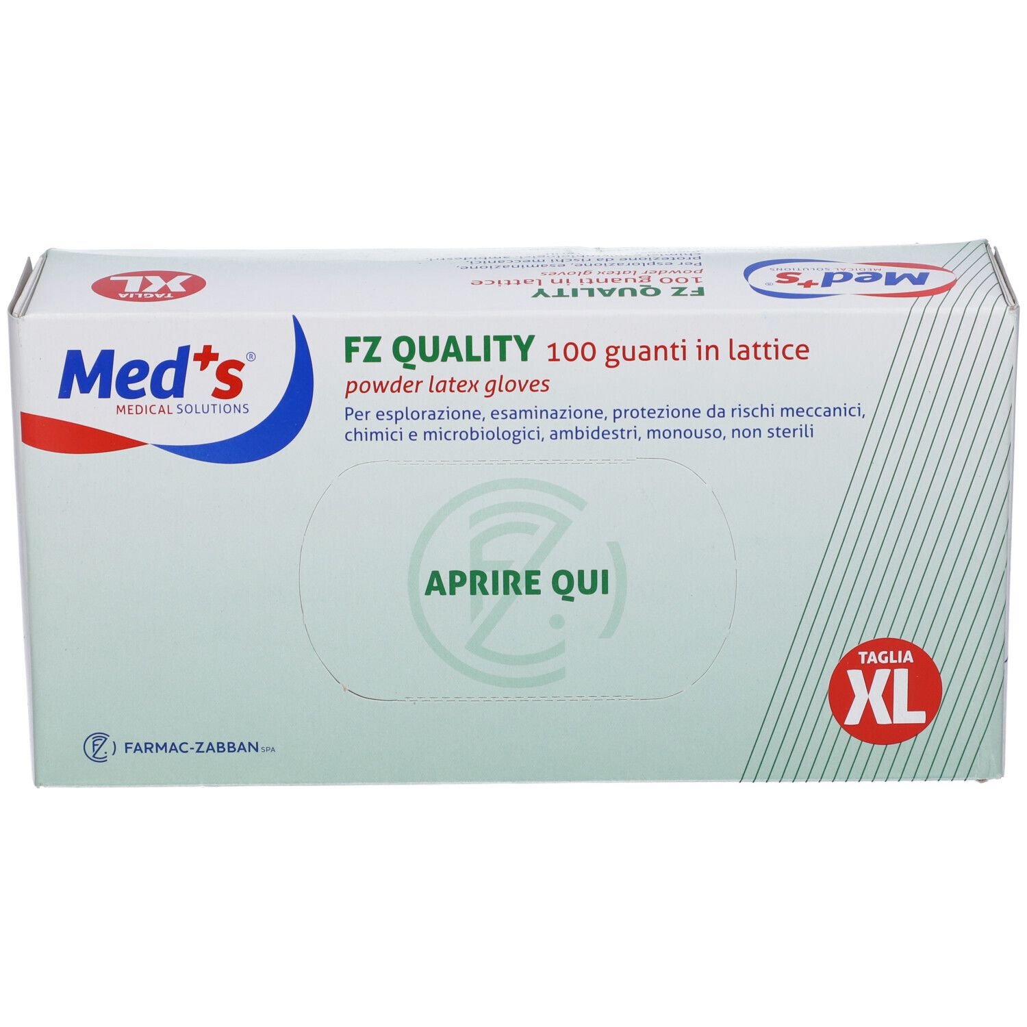 Scatola di guanti medici. Scritto: FZ QUALITY, 100 guanti in lattice, Taglia XL. Marchio: Med's. Istruzioni apertura.
