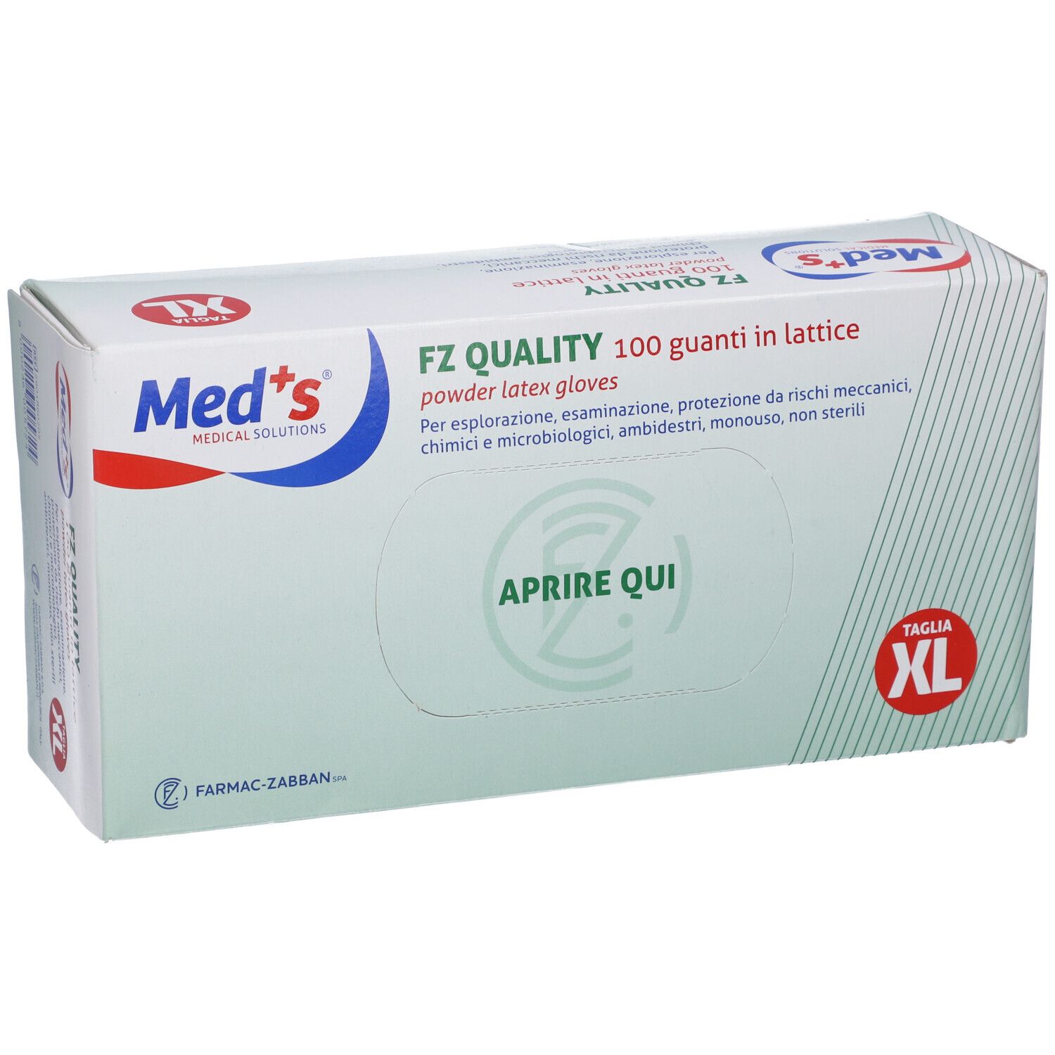 Scatola di guanti medici. Scritto: FZ QUALITY, 100 guanti in lattice, Taglia XL. Marchio: Med's. Vista frontale.