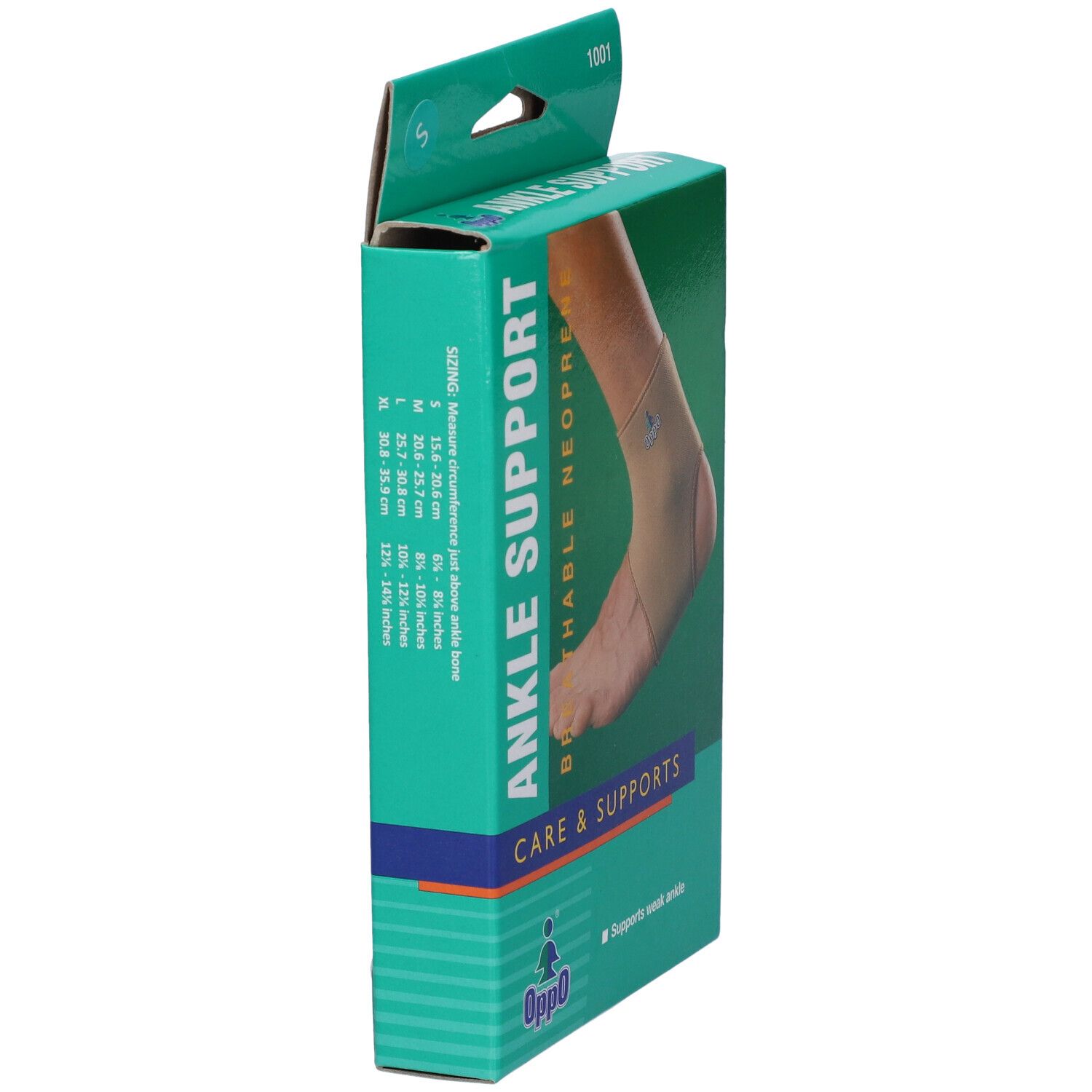 Vista laterale della confezione. Scritta: Ankle Support, neoprene traspirante. Indicazioni taglie. Marchio Oppo. Colori verde e bianco.