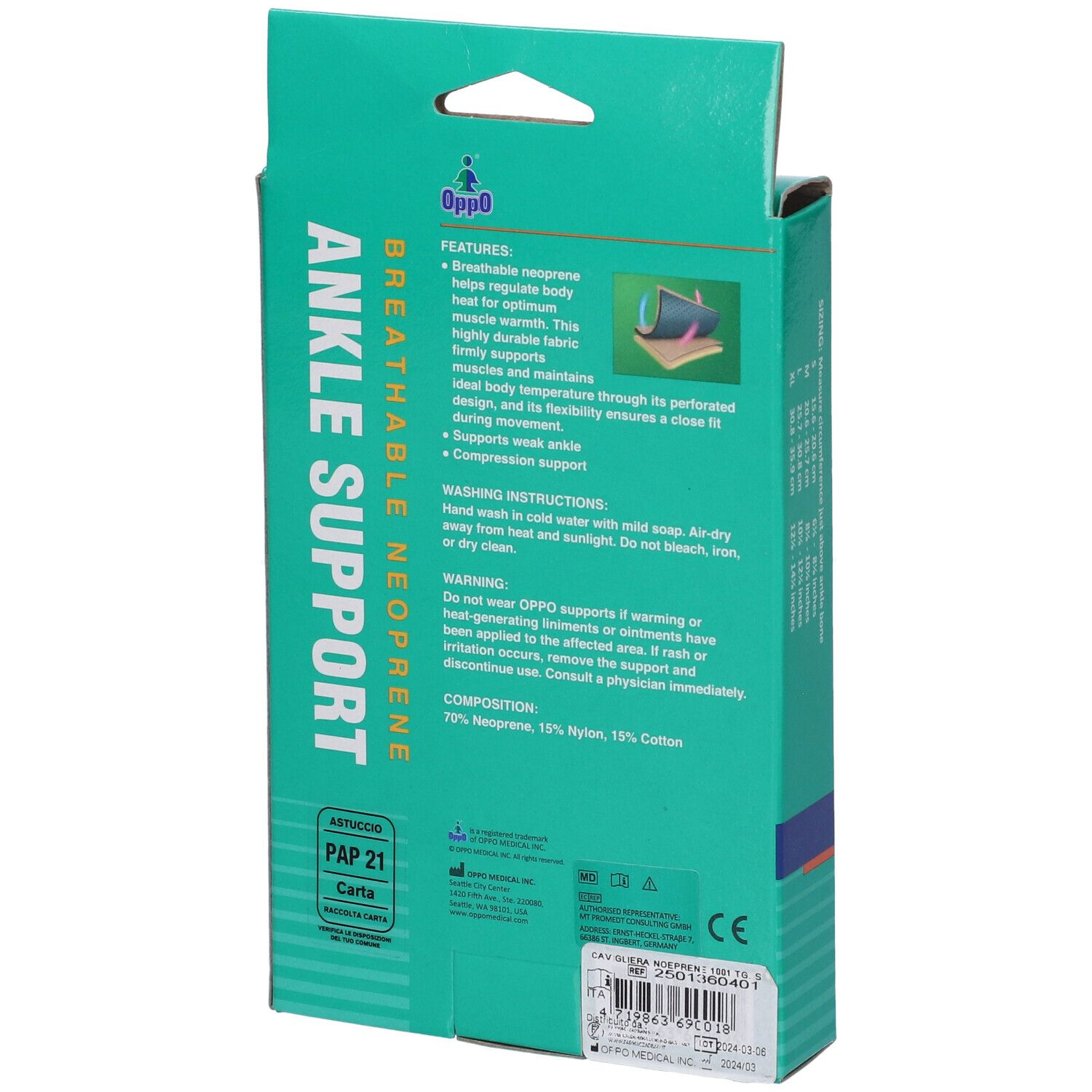 Retro della confezione. Scritta: Ankle Support, neoprene traspirante. Caratteristiche del prodotto, istruzioni di lavaggio, composizione. Marchio Oppo.