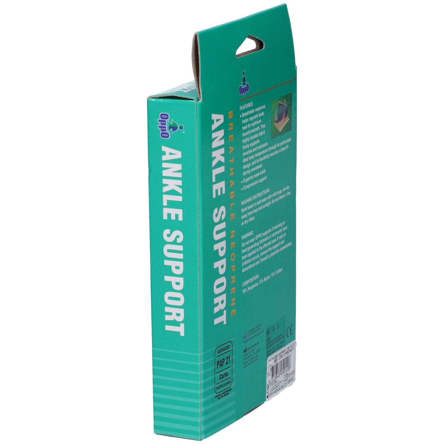 Vista laterale della confezione. Scritta: Ankle Support, neoprene traspirante. Marchio Oppo. Colori verde e bianco. Informazioni sul prodotto.