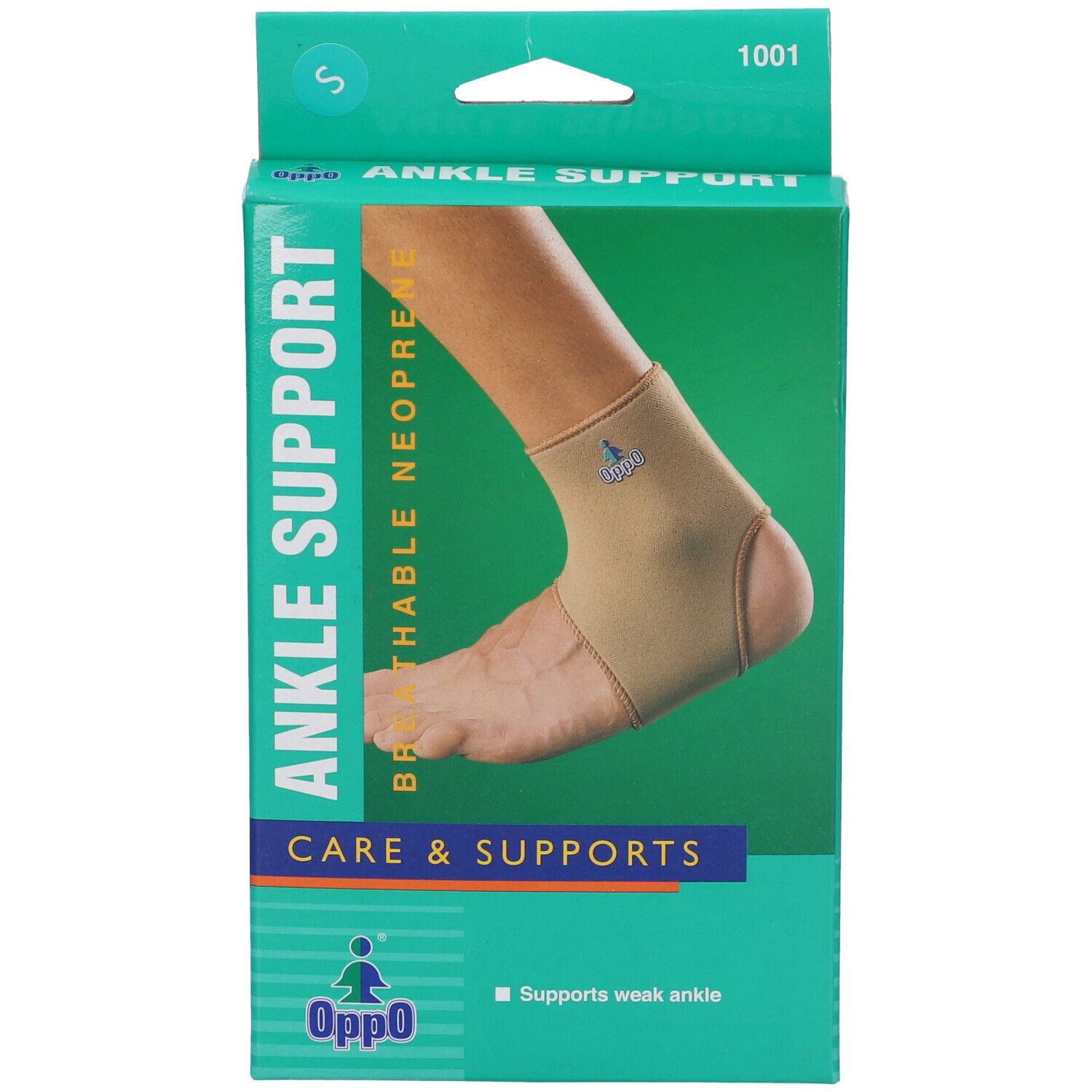 Confezione di supporto per caviglia. Scritta: Ankle Support, neoprene traspirante. Marchio Oppo. Immagine di un piede con bendaggio.