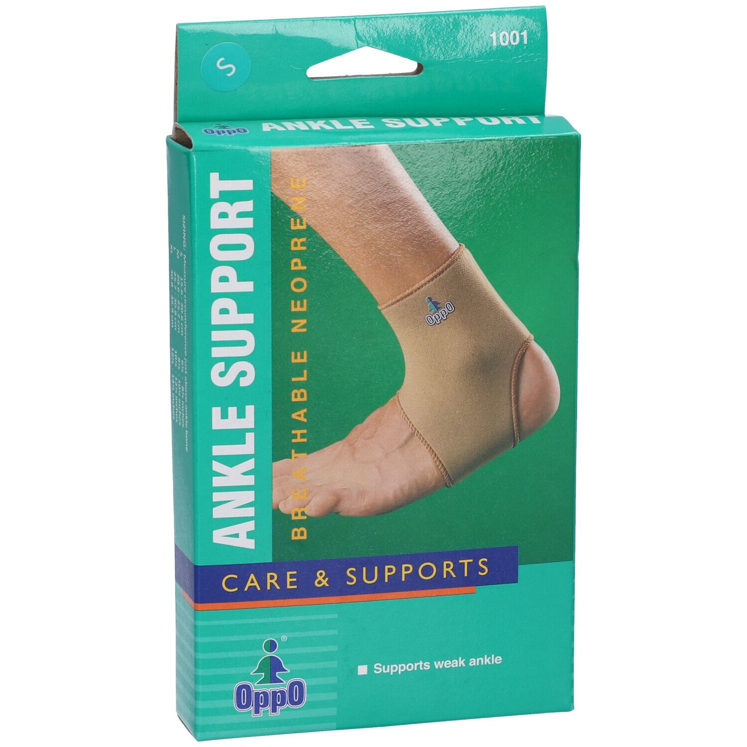 Confezione di supporto per caviglia. Scritta: Ankle Support, neoprene traspirante. Marchio Oppo. Immagine di un piede con bendaggio.