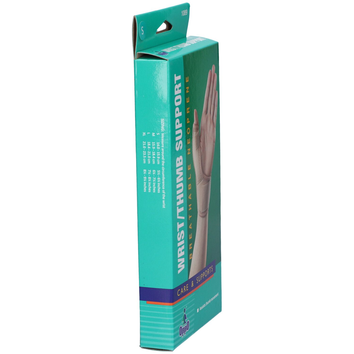 Vista laterale della confezione per supporto polso/pollice. Verde. Testo: Wrist/Thumb Support, Breathable Neoprene. Marchio Oppo.