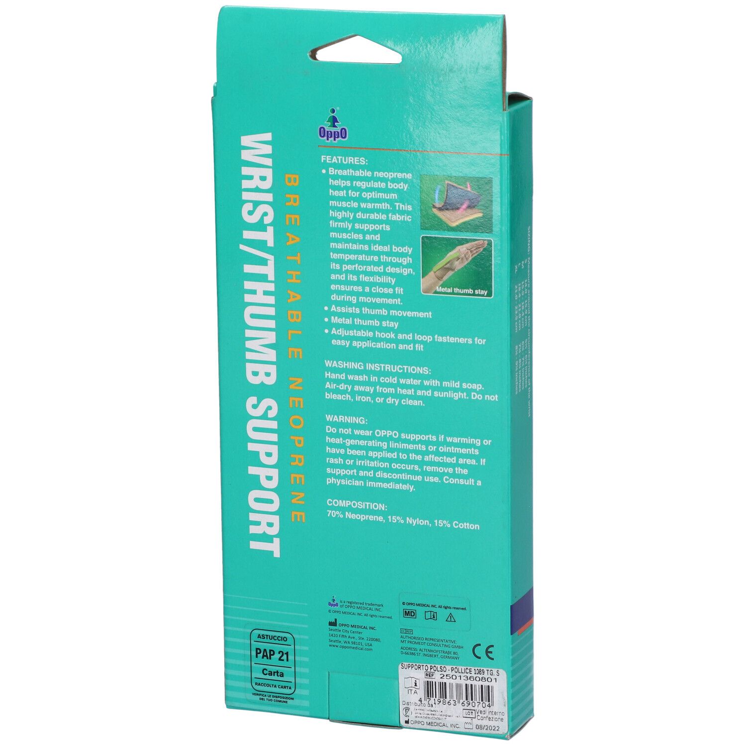 Retro della confezione per supporto polso/pollice. Verde. Testo: Wrist/Thumb Support, Breathable Neoprene. Marchio Oppo. Caratteristiche.