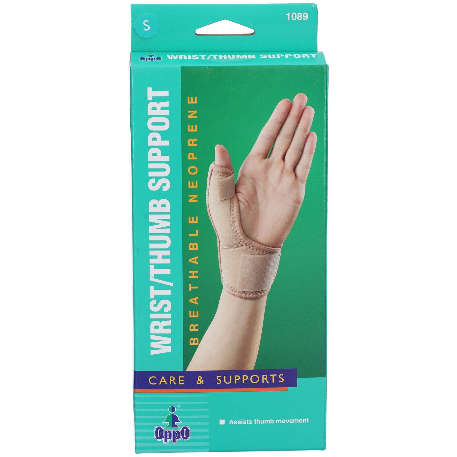 Confezione per supporto polso/pollice. Verde e bianca. Modello di mano con supporto. Marchio Oppo. Testo: Wrist/Thumb Support.