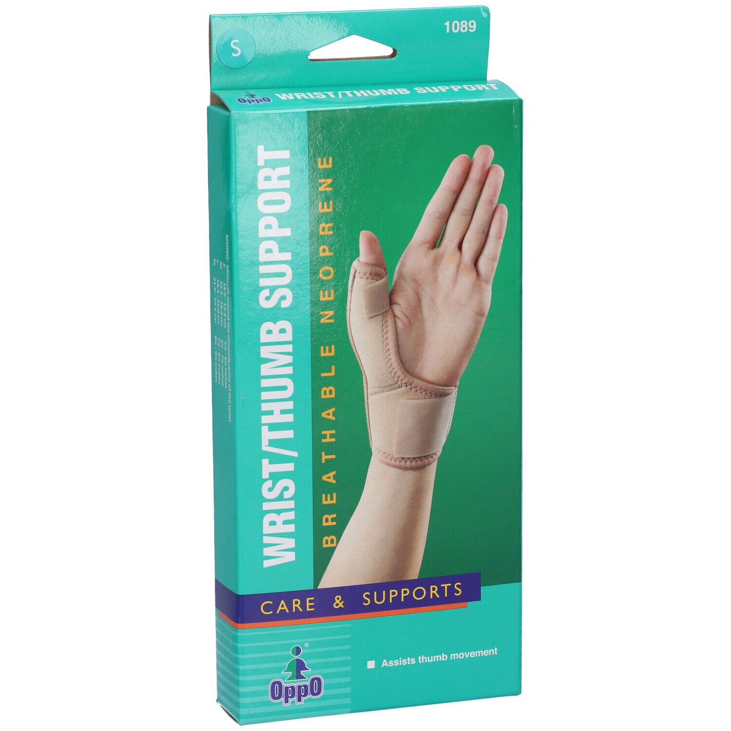 Confezione per supporto polso/pollice. Verde e bianca. Modello di mano con supporto. Marchio Oppo. Testo: Wrist/Thumb Support.