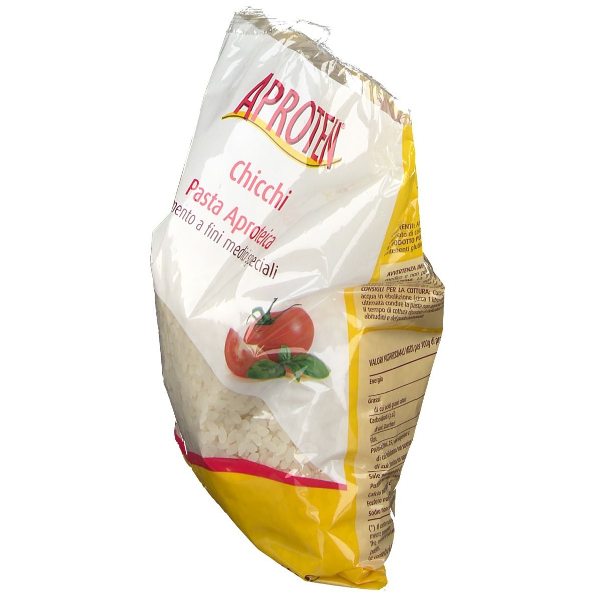 Vista obliqua di un sacchetto di Aproten Chicchi. Scritta: Pasta Aproteica, Alimento a fini medici speciali. Confezione bianca e gialla.