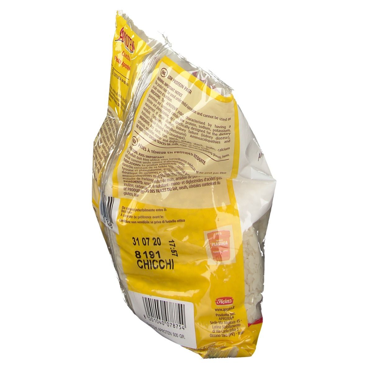 Retro di un sacchetto di Aproten Chicchi. Informazioni testuali e data di scadenza. Confezione bianca e gialla.