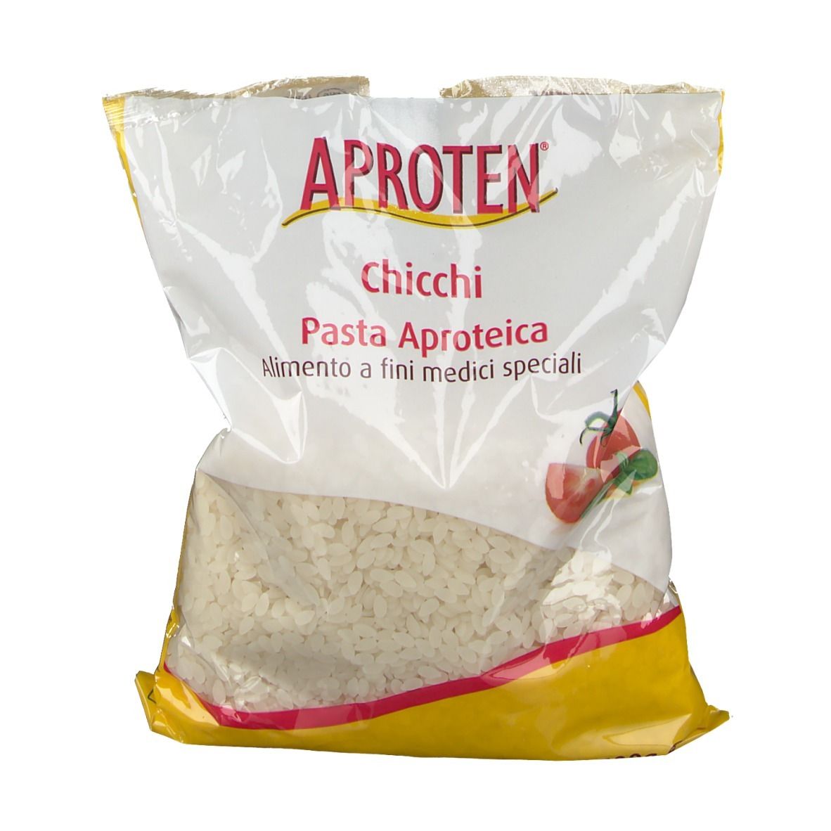 Confezione di Aproten Chicchi. Scritta: Pasta Aproteica, Alimento a fini medici speciali. Confezione bianca e gialla.