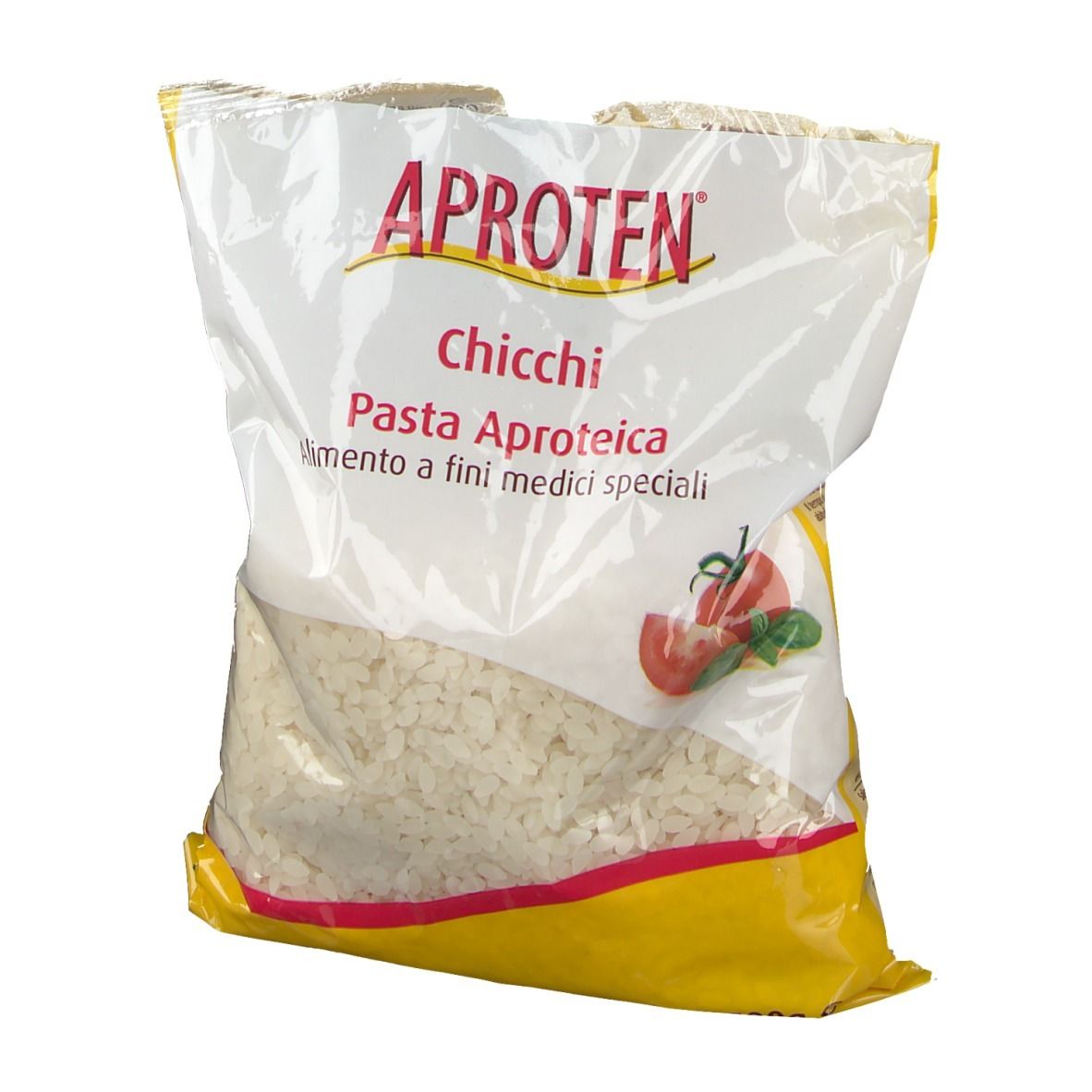 Confezione di Aproten Chicchi. Scritta: Pasta Aproteica, Alimento a fini medici speciali. Confezione bianca e gialla.