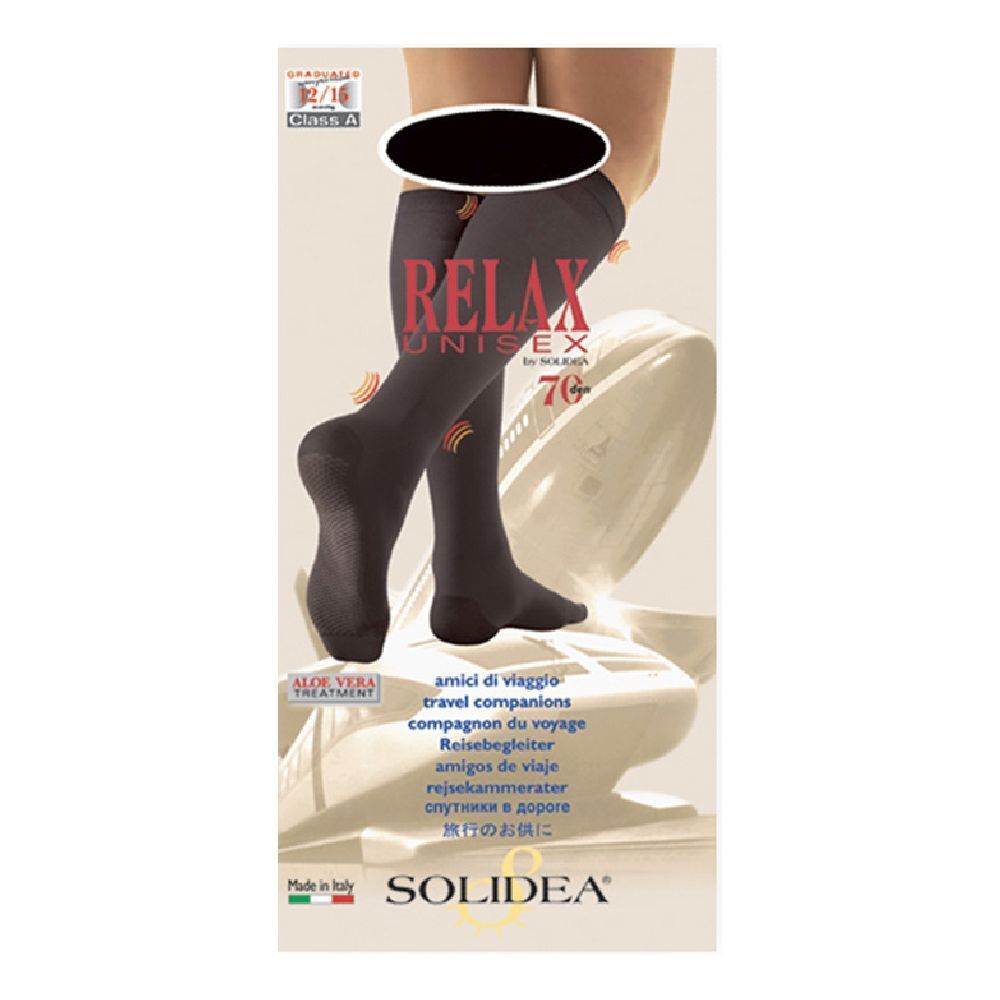 Calze Relax Unisex 70 Gambaletto Blu Scuro. Sulla confezione sono visibili il marchio Solidea e il prodotto Relax Unisex 70.