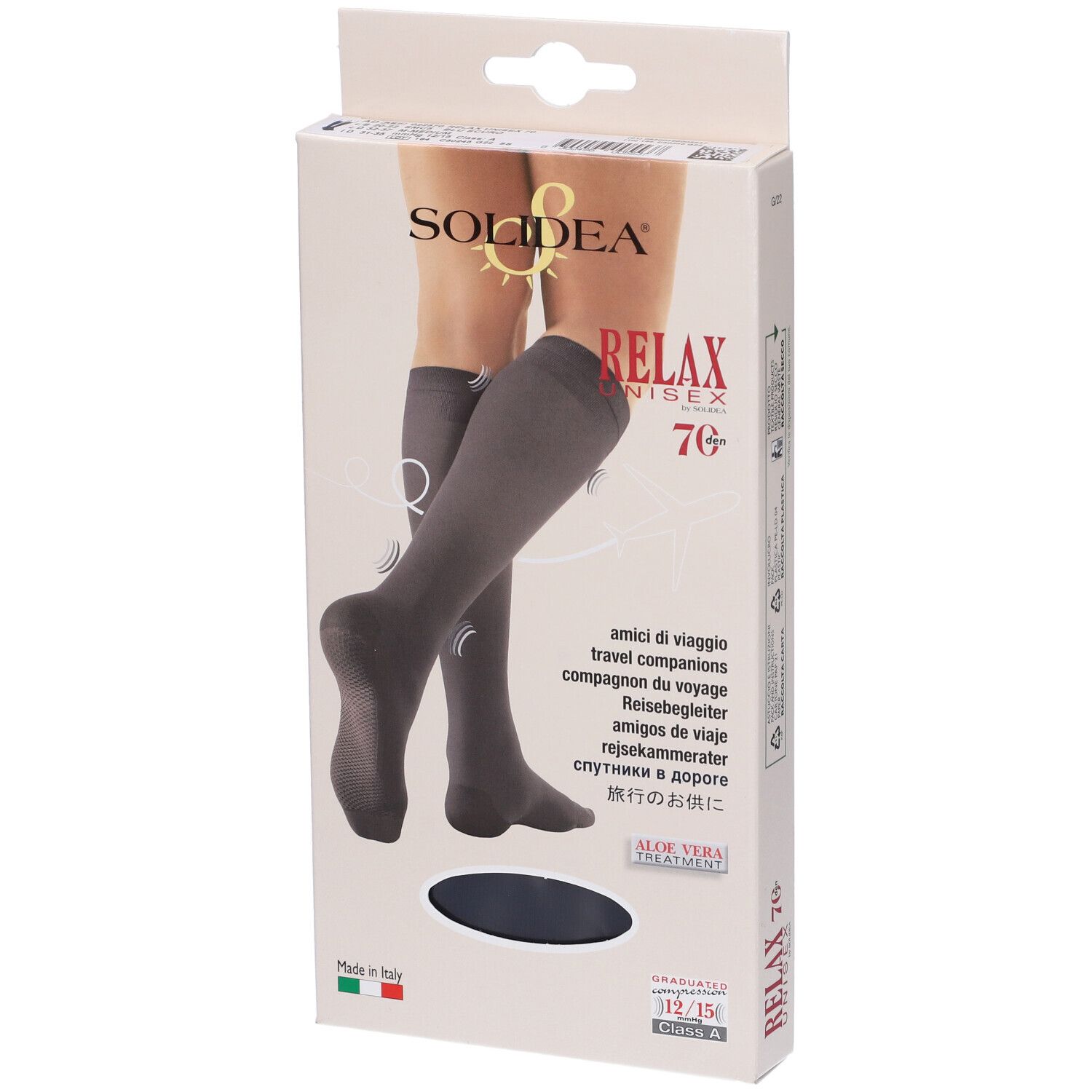 Confezione di calze Relax Unisex 70 Gambaletto. Marchio Solidea, nome prodotto Relax Unisex 70 e taglia 12/15 visibili.