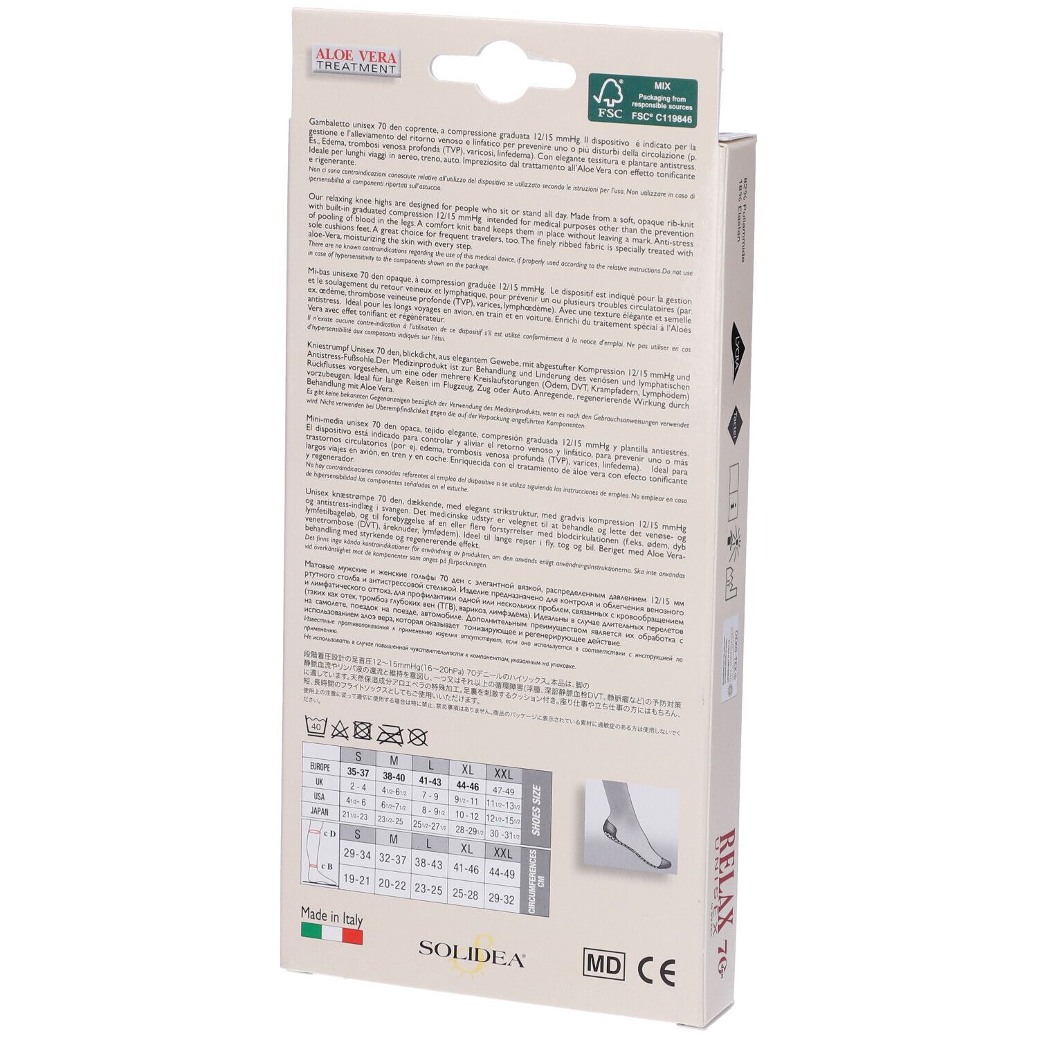 Retro della confezione di calze Relax Unisex 70 Gambaletto. Informazioni su taglie, ingredienti e certificazioni visibili.