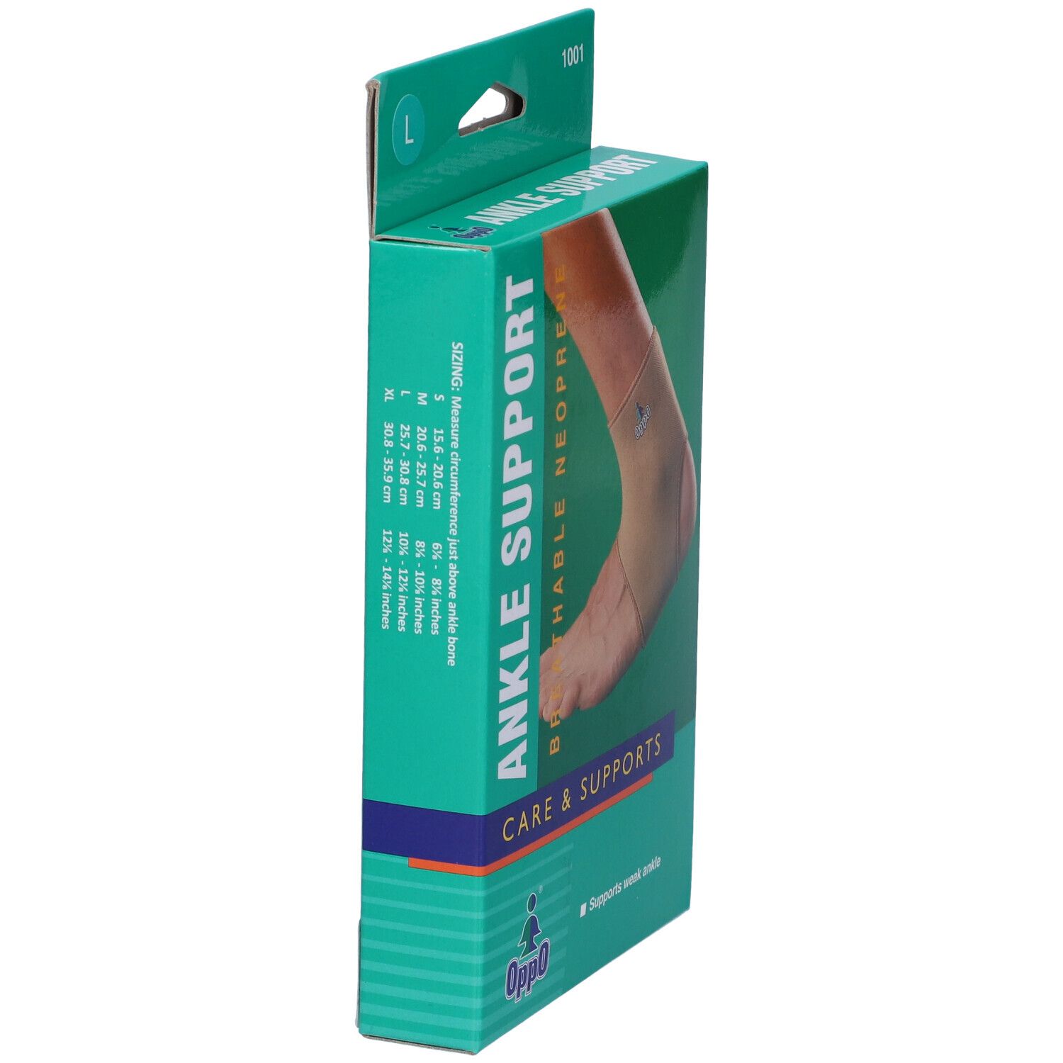 Vista laterale della confezione. Scritta: Ankle Support, neoprene traspirante. Indicazioni taglie. Marchio Oppo.