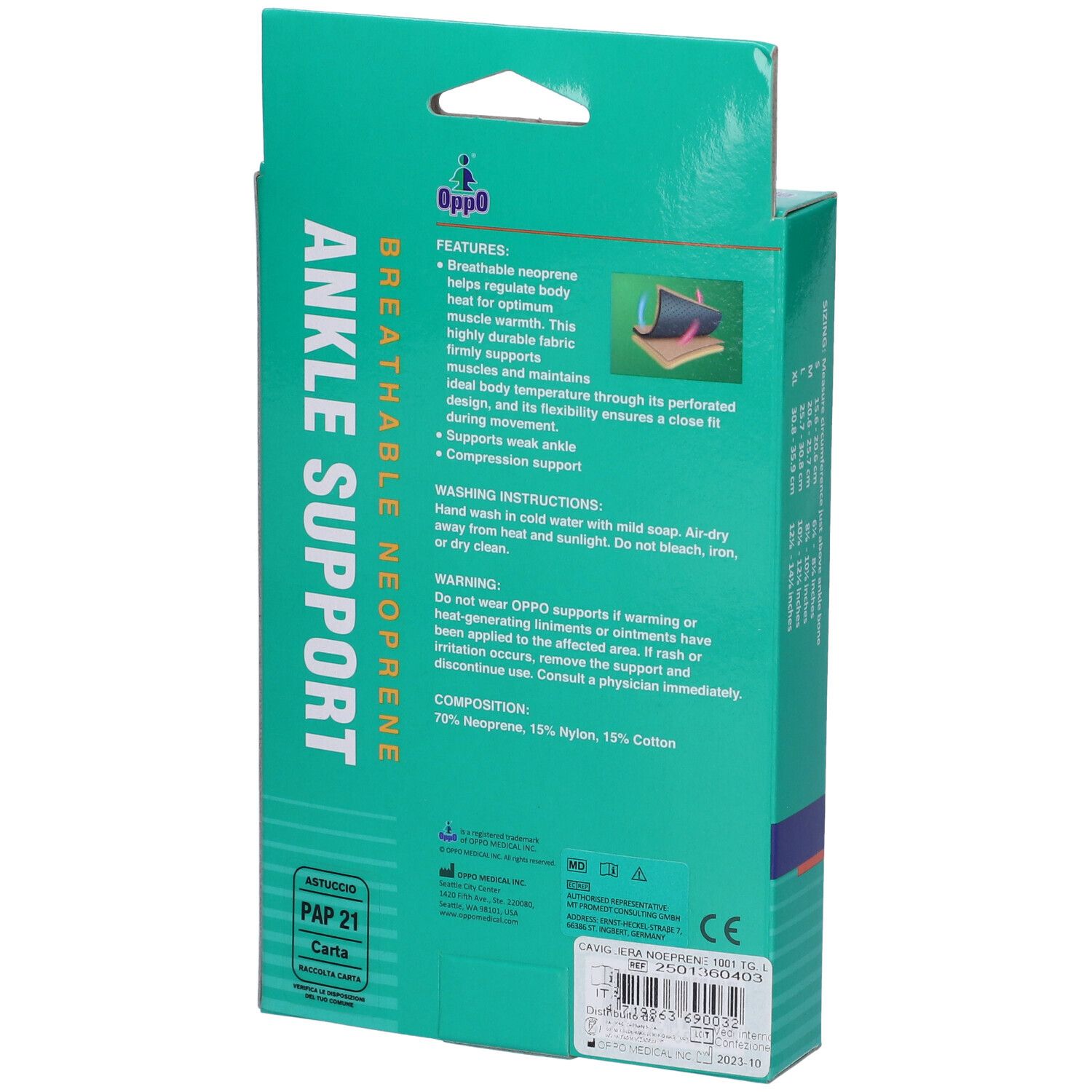 Retro della confezione della cavigliera. Informazioni testuali, marchio Oppo, marchio CE, modello 1001, taglia L.
