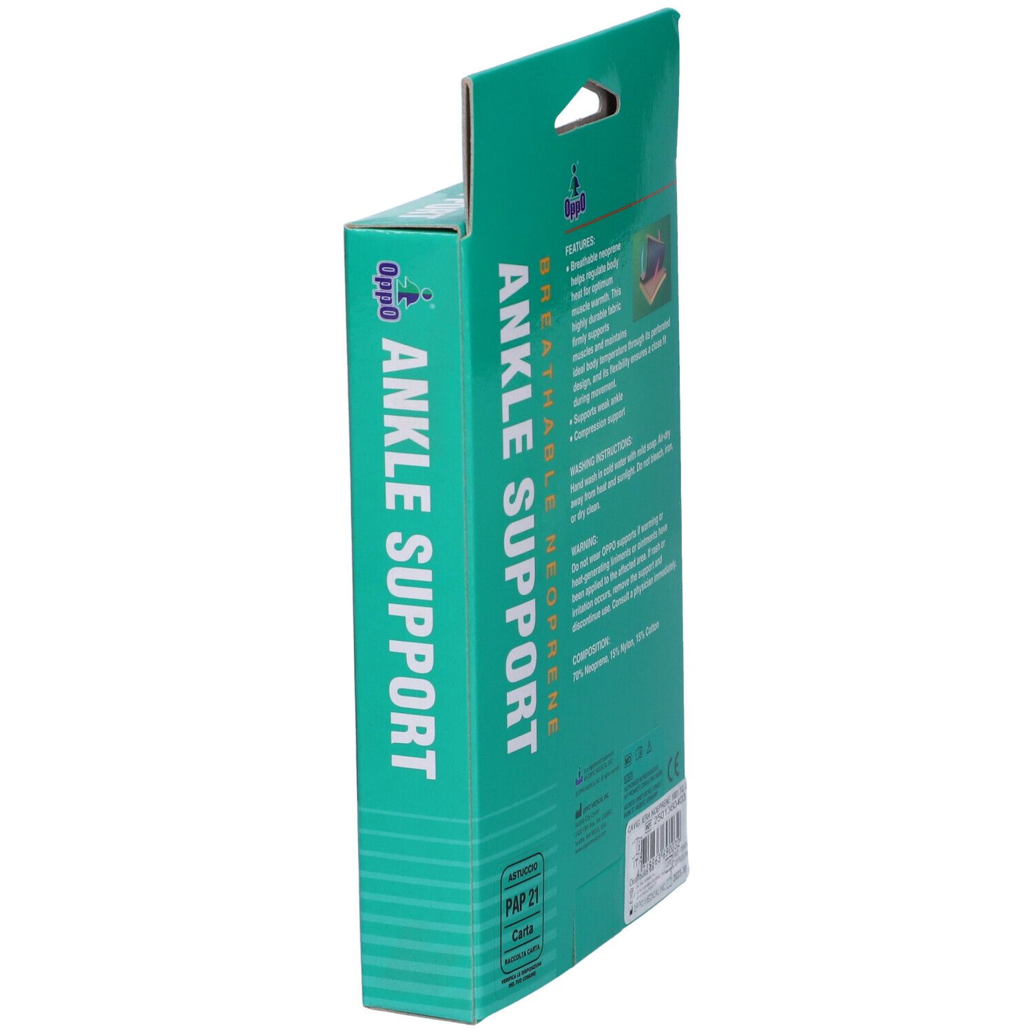 Vista laterale della confezione della cavigliera. Informazioni testuali, marchio Oppo, modello 1001, taglia L.