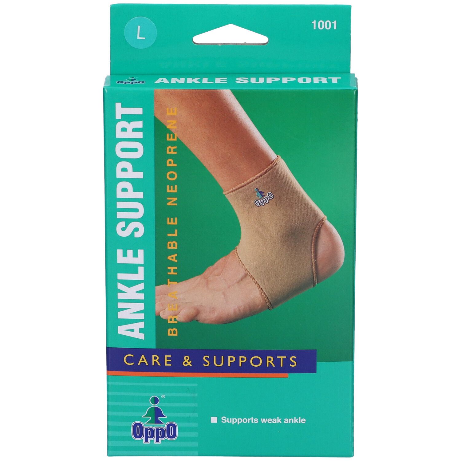 Confezione cavigliera. Cavigliera beige raffigurata sulla confezione. Marchio Oppo, taglia L, modello 1001.