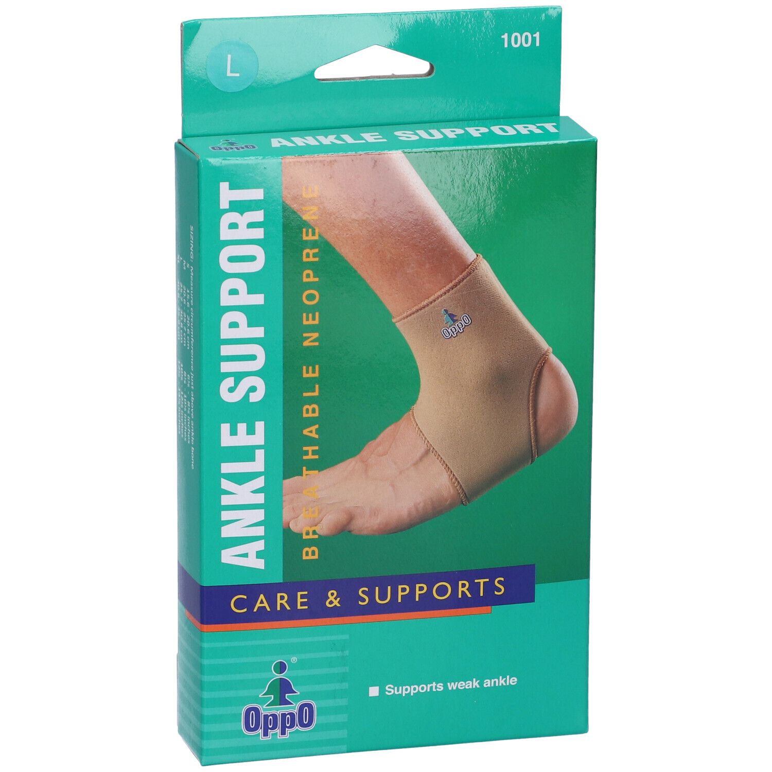 Confezione cavigliera. Cavigliera beige raffigurata sulla confezione. Marchio Oppo, taglia L, modello 1001.