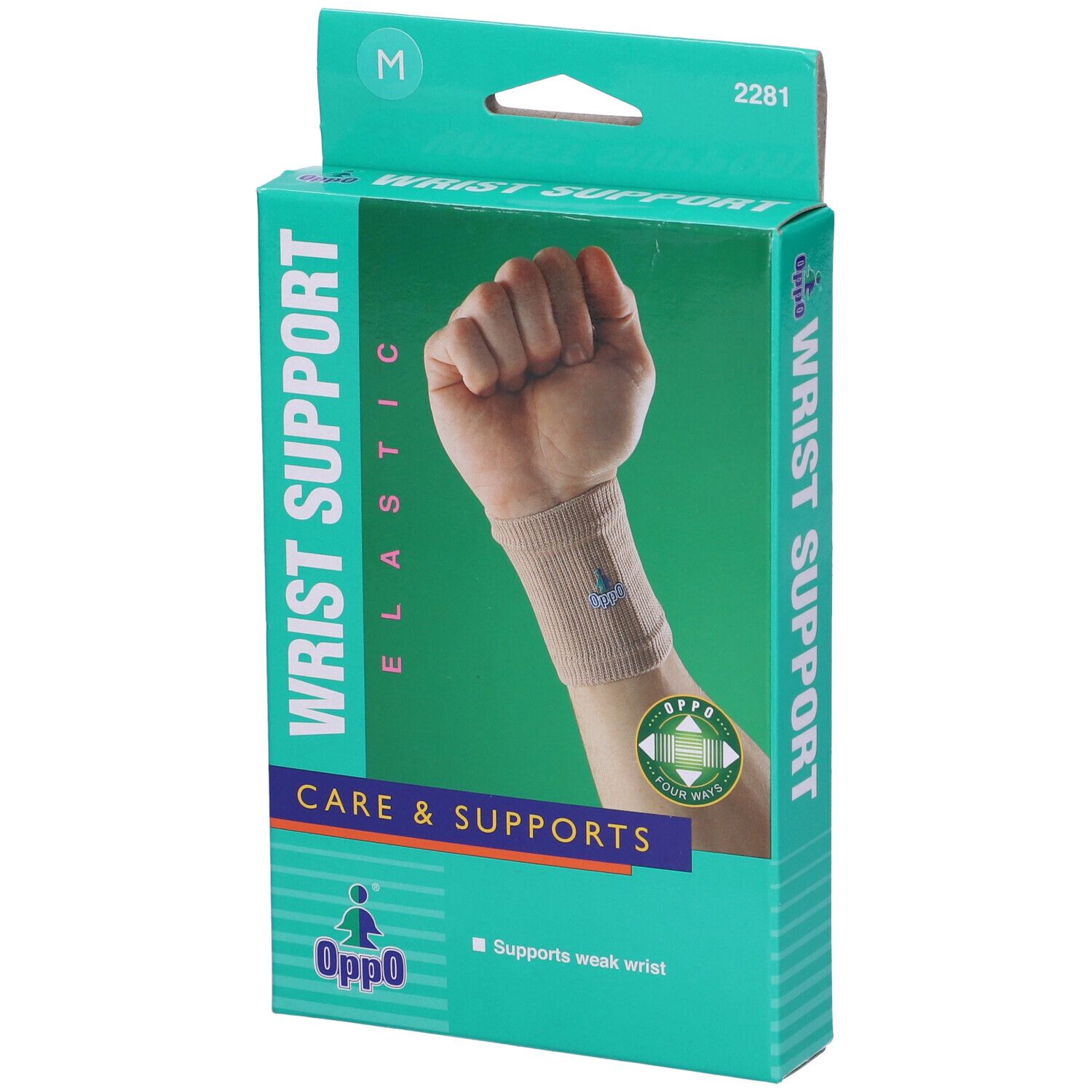 Confezione del tutore per polso Oppo. Scritta: Wrist Support Elastic, Care & Supports, Oppo.