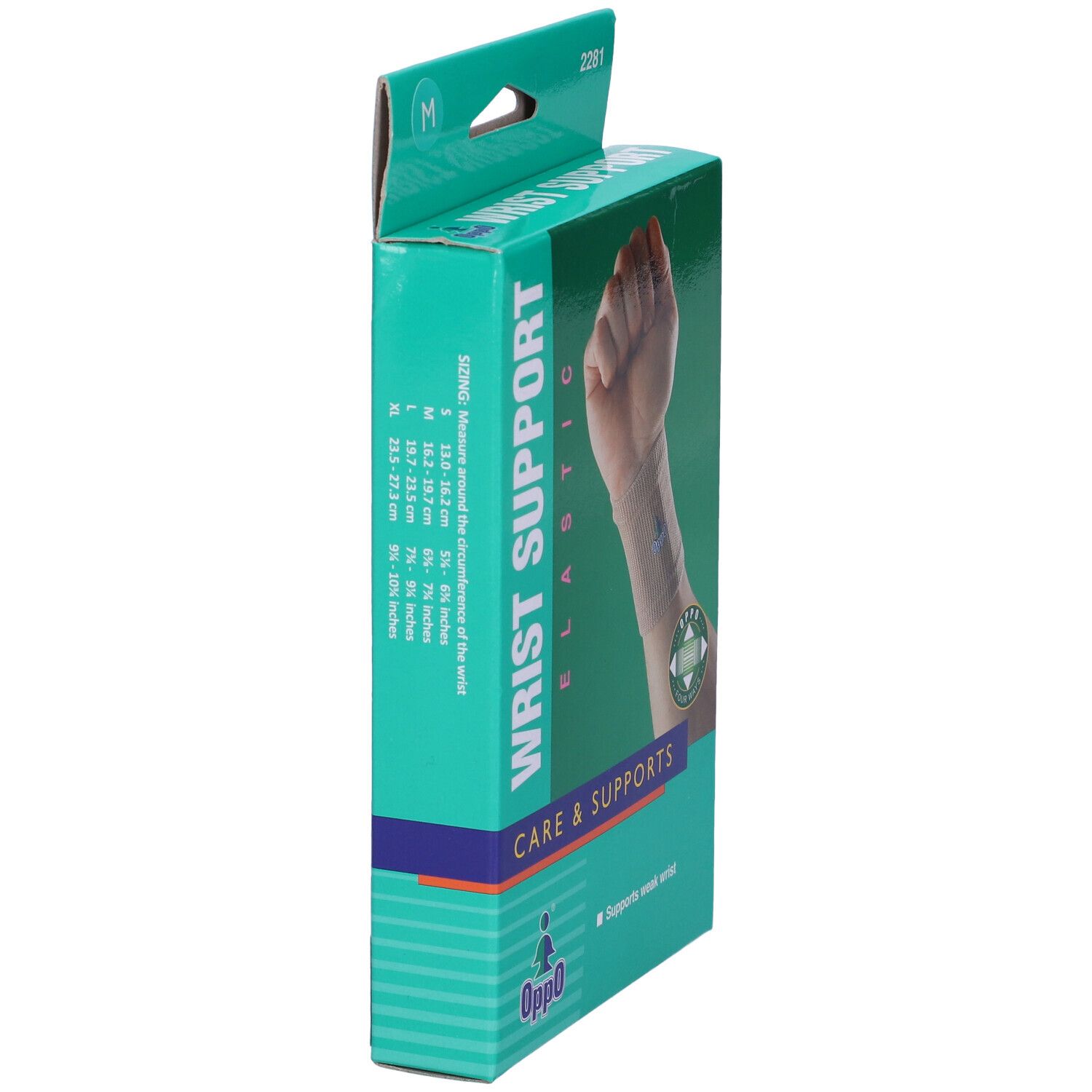 Confezione del tutore per polso Oppo. Scritta: Wrist Support Elastic, Care & Supports, Oppo.