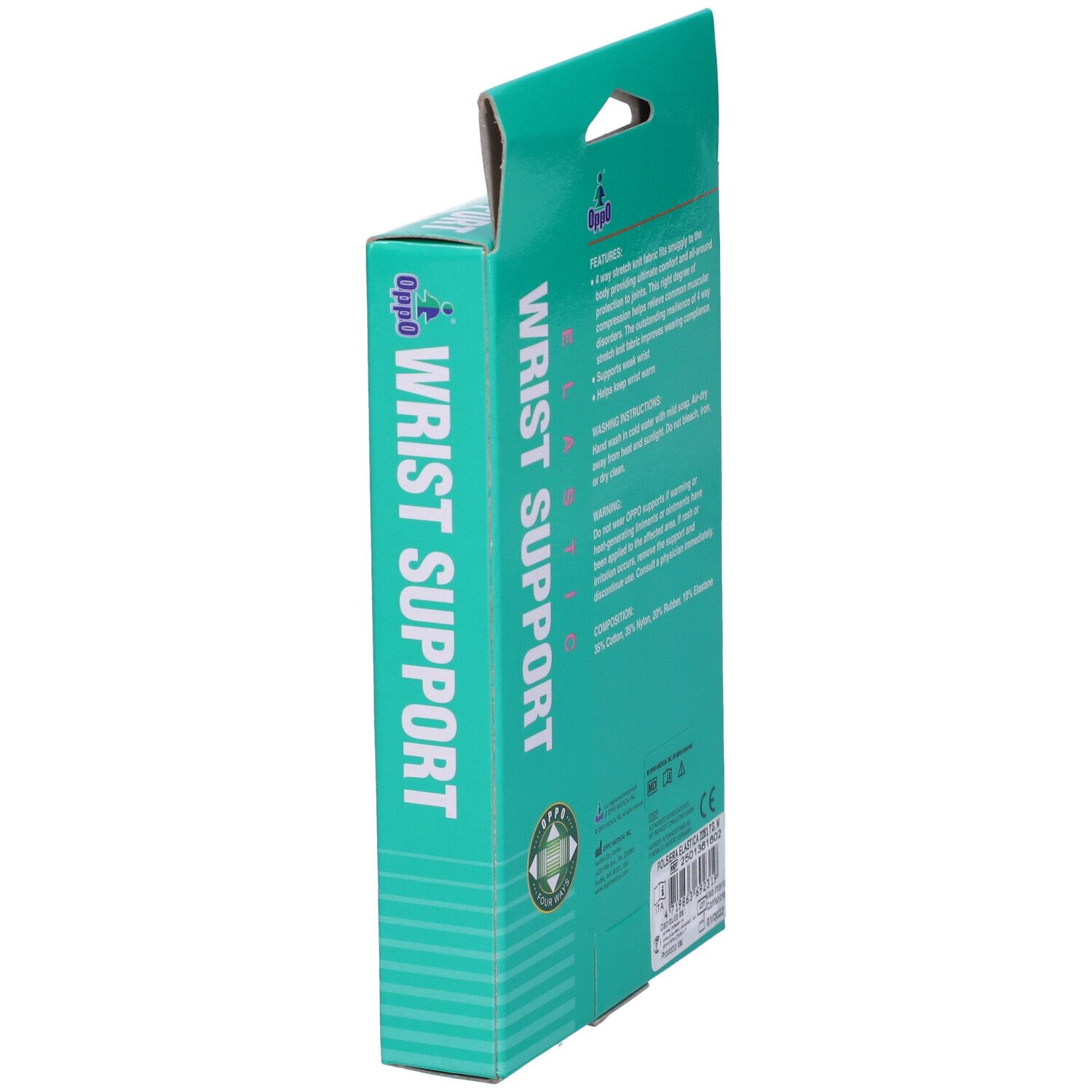 Lato della confezione del tutore per polso Oppo. Scritta: Wrist Support Elastic, Oppo.