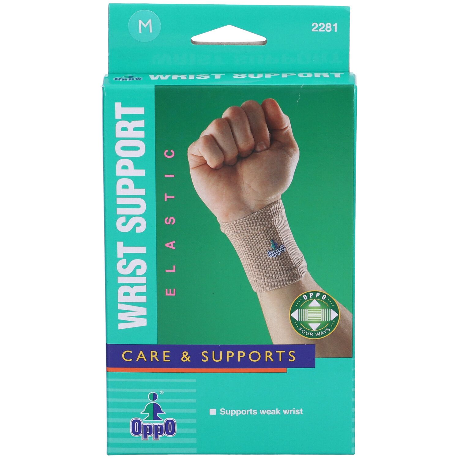 Confezione del tutore per polso Oppo. Scritta: Wrist Support Elastic, Care & Supports, Oppo. Mano con bendaggio.